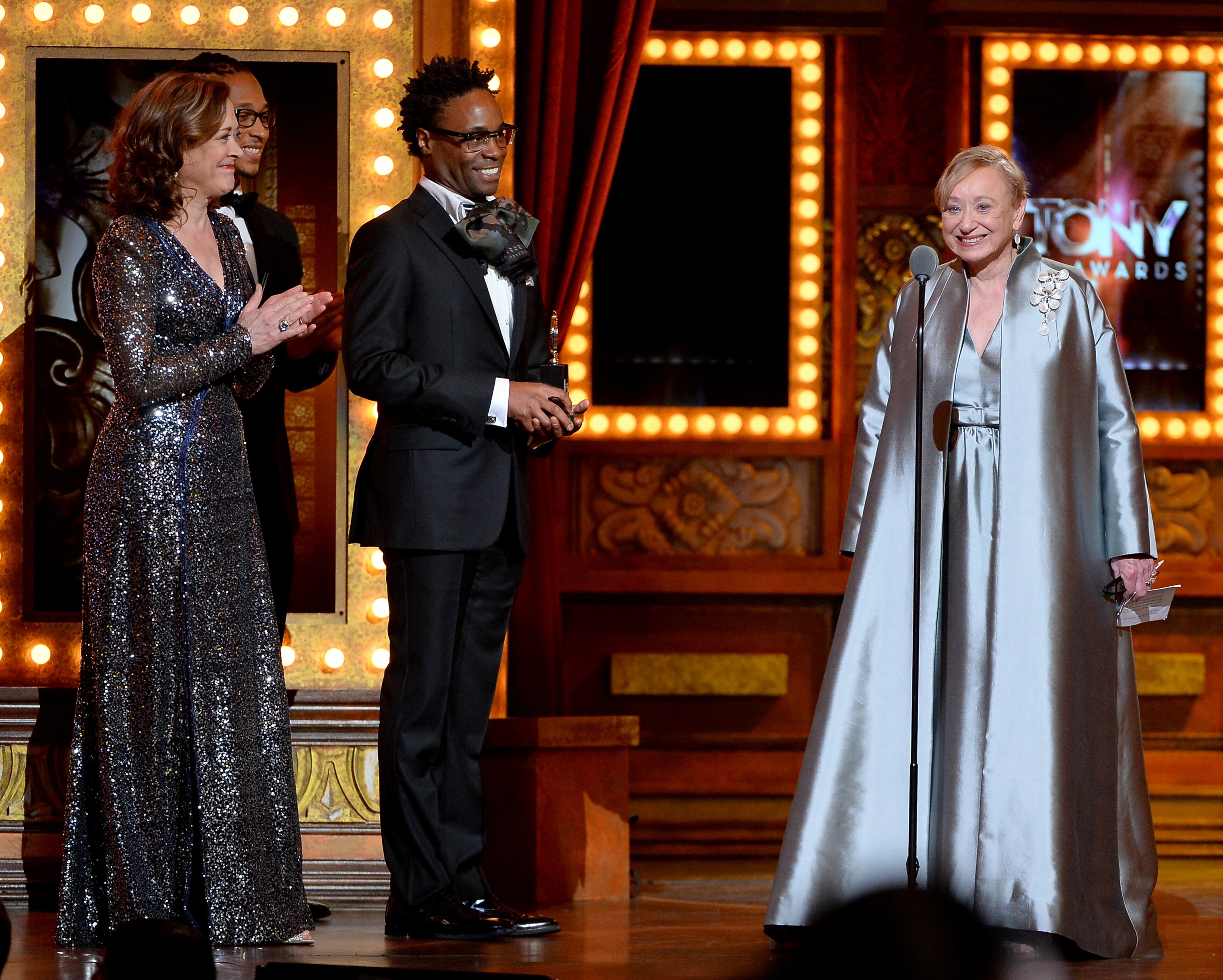 NEW YORK, NY - JUNE 08: Costume Designer Jane Greenwood (R) accepts the Special Tony Award for Lifetime Achievement in the Theatre from Karen Ziemba and Billy Porter onstage during the 68th Annual Tony Awards at Radio City Music Hall on June 8, 2014 in New York City. (Photo by Theo Wargo/Getty Images for Tony Awards Productions)