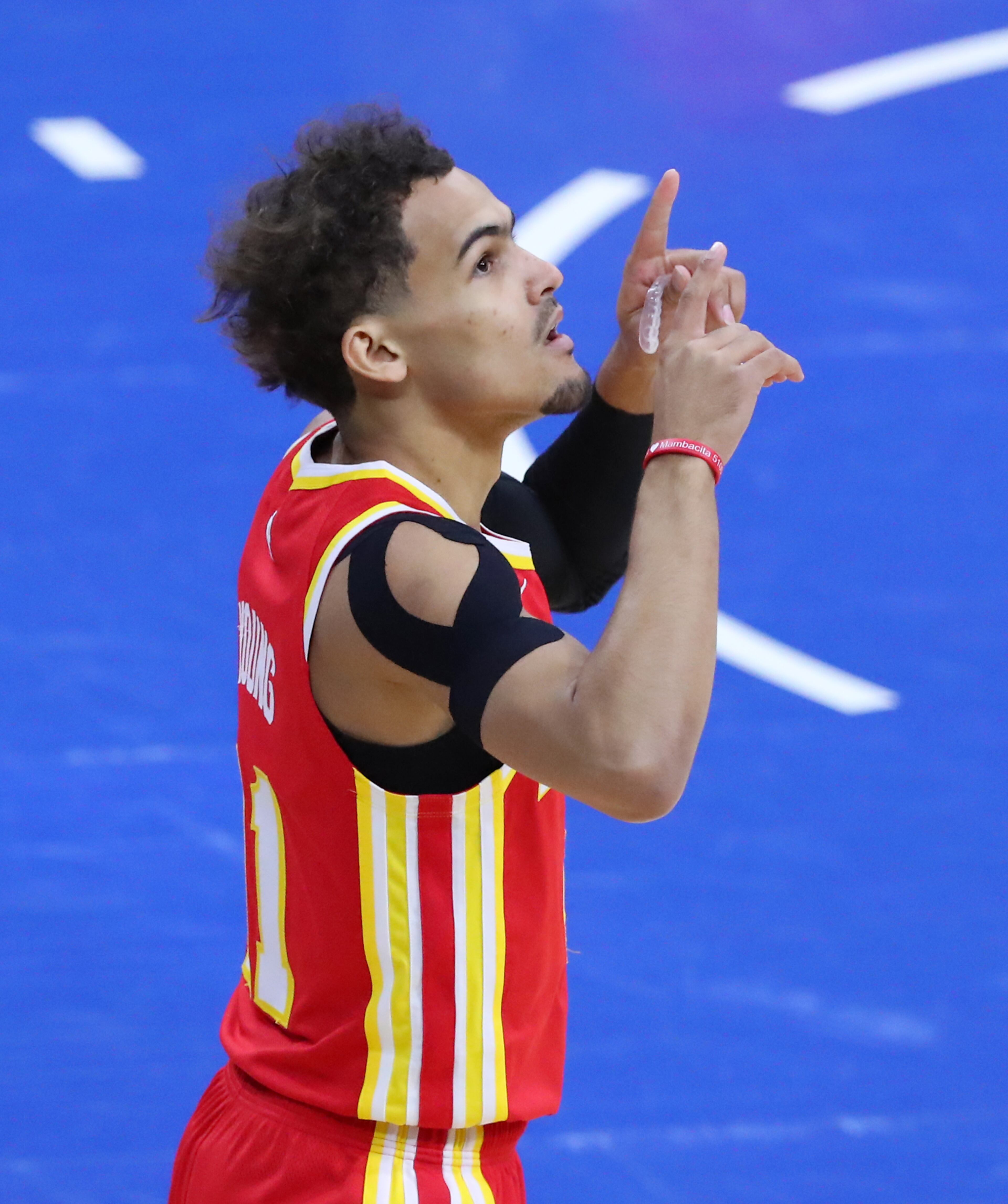 061621 Philadelphia: Atlanta Hawks guard Trae Young reacts against the Philadelphia 76ers during the first quarter in game 5 of their NBA Eastern Conference semifinals series on Wednesday, Jun 16, 2021, in Philadelphia. “Curtis Compton / Curtis.Compton@ajc.com”