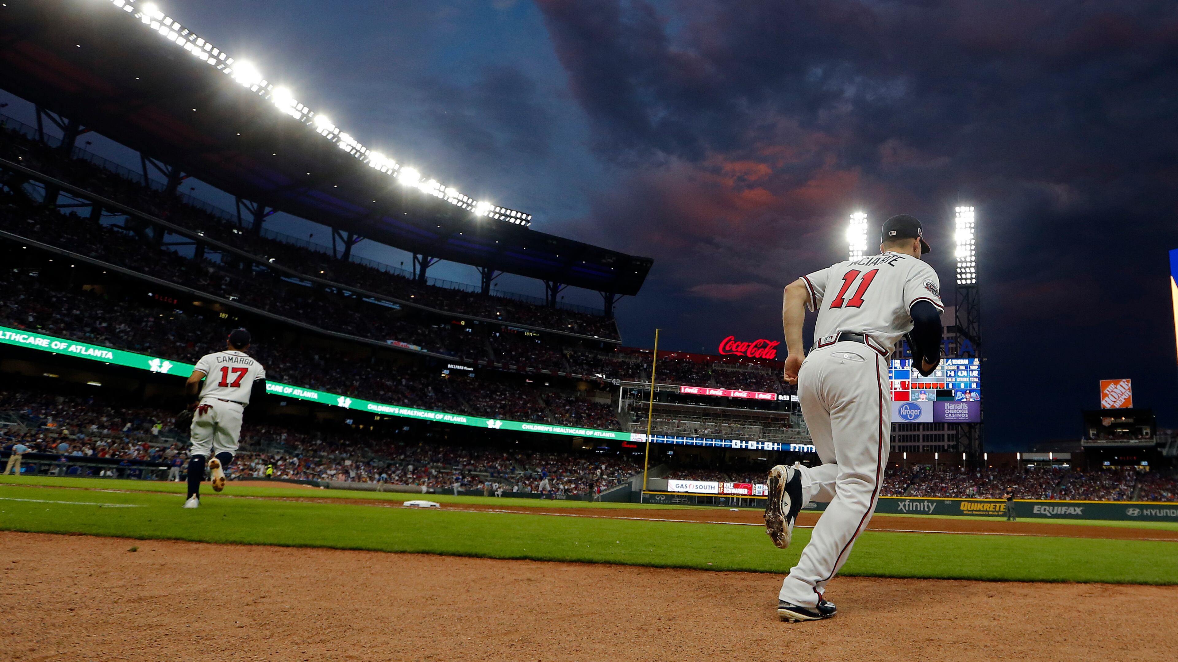 Atlanta Braves center fielder Ender Inciarte (11) takes the field for the second inning of the team's baseball game against the Chicago Cubs on Monday, July 17, 2017, in Atlanta. (AP Photo/John Bazemore)