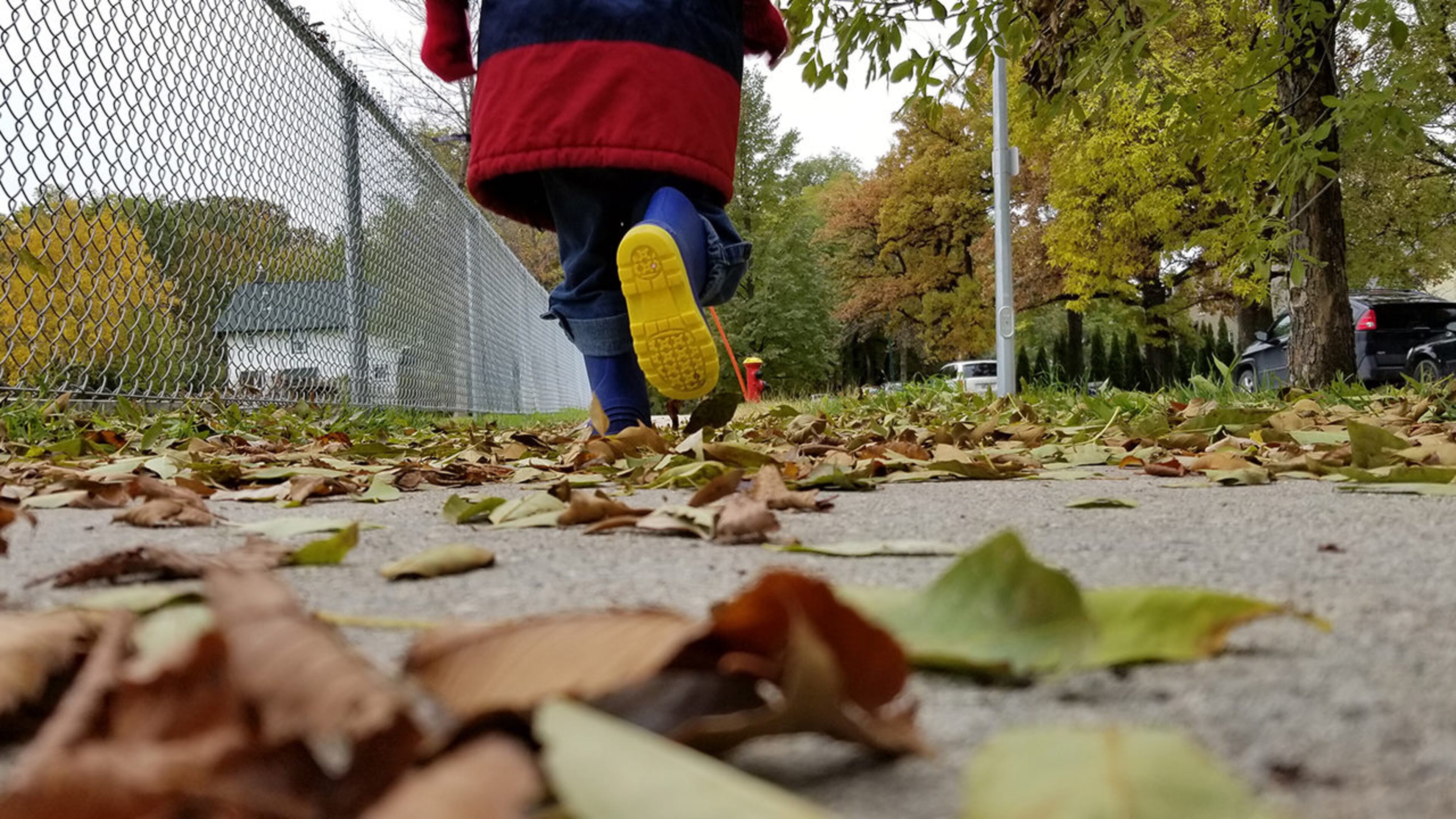 Stock photo of a toddler running on a sidewalk.