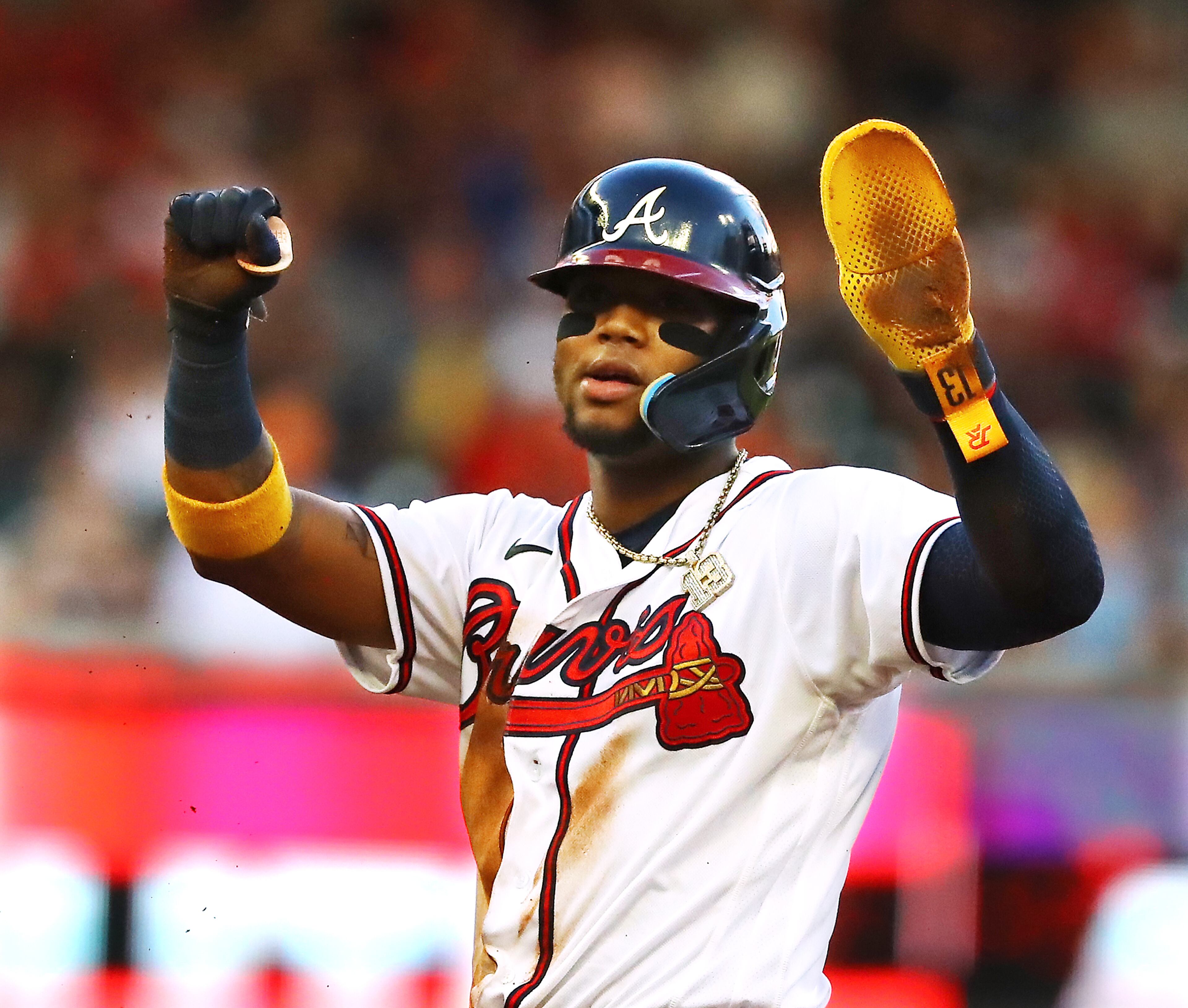 060922 Atlanta: Atlanta Braves outfielder Ronald Acuna reacts after stealing second base after getting hit bt a pitch from Pittsburgh Pirates starting pitcher JT Brubaker during the third inning in a MLB baseball game on Thursday, June 9, 2022, in Atlanta. “Curtis Compton / Curtis.Compton@ajc.com”