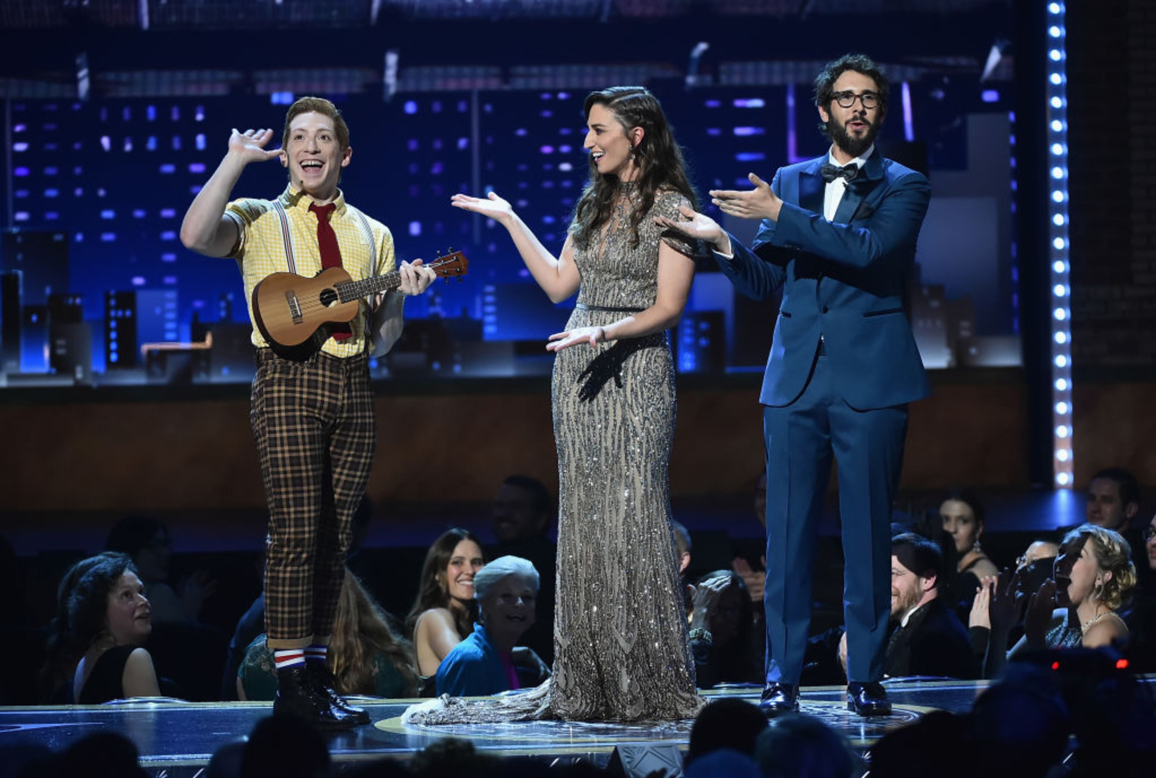 NEW YORK, NY - JUNE 10: Ethan Slater from the cast of Spongebob Squarepants: The Musical performs onstage with Sara Bareilles and Josh Groban during the 72nd Annual Tony Awards at Radio City Music Hall on June 10, 2018 in New York City. (Photo by Theo Wargo/Getty Images for Tony Awards Productions)