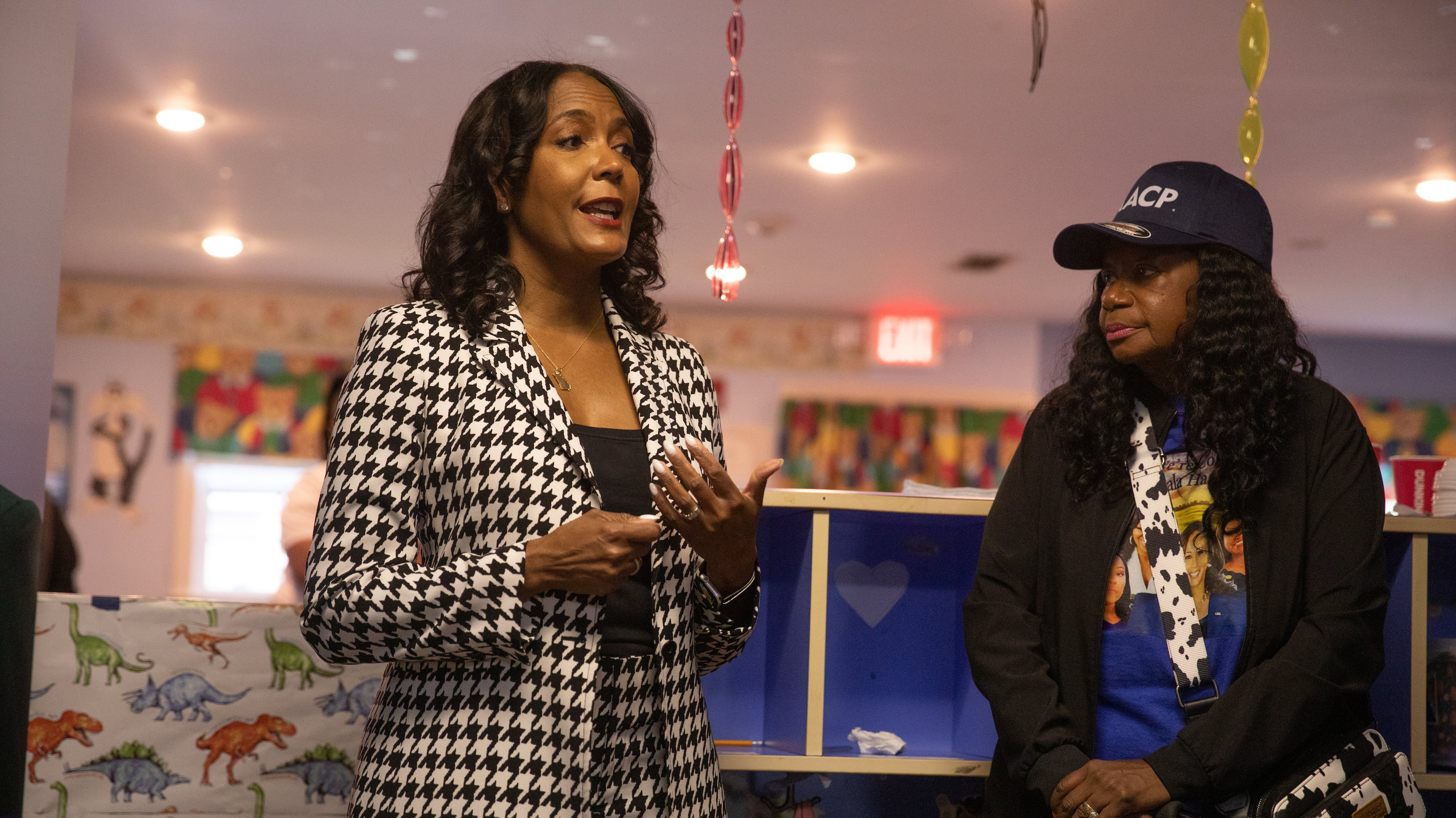 Former Atlanta Mayor Keisha Lance Bottoms speaks with potential voters at the Kidz.com Child Development Center in Columbus before making a stop at the Columbus Public Library on May 12, 2026, as part of her final statewide push ahead of the Democratic gubernatorial primary election. (Riley Bunch/AJC)