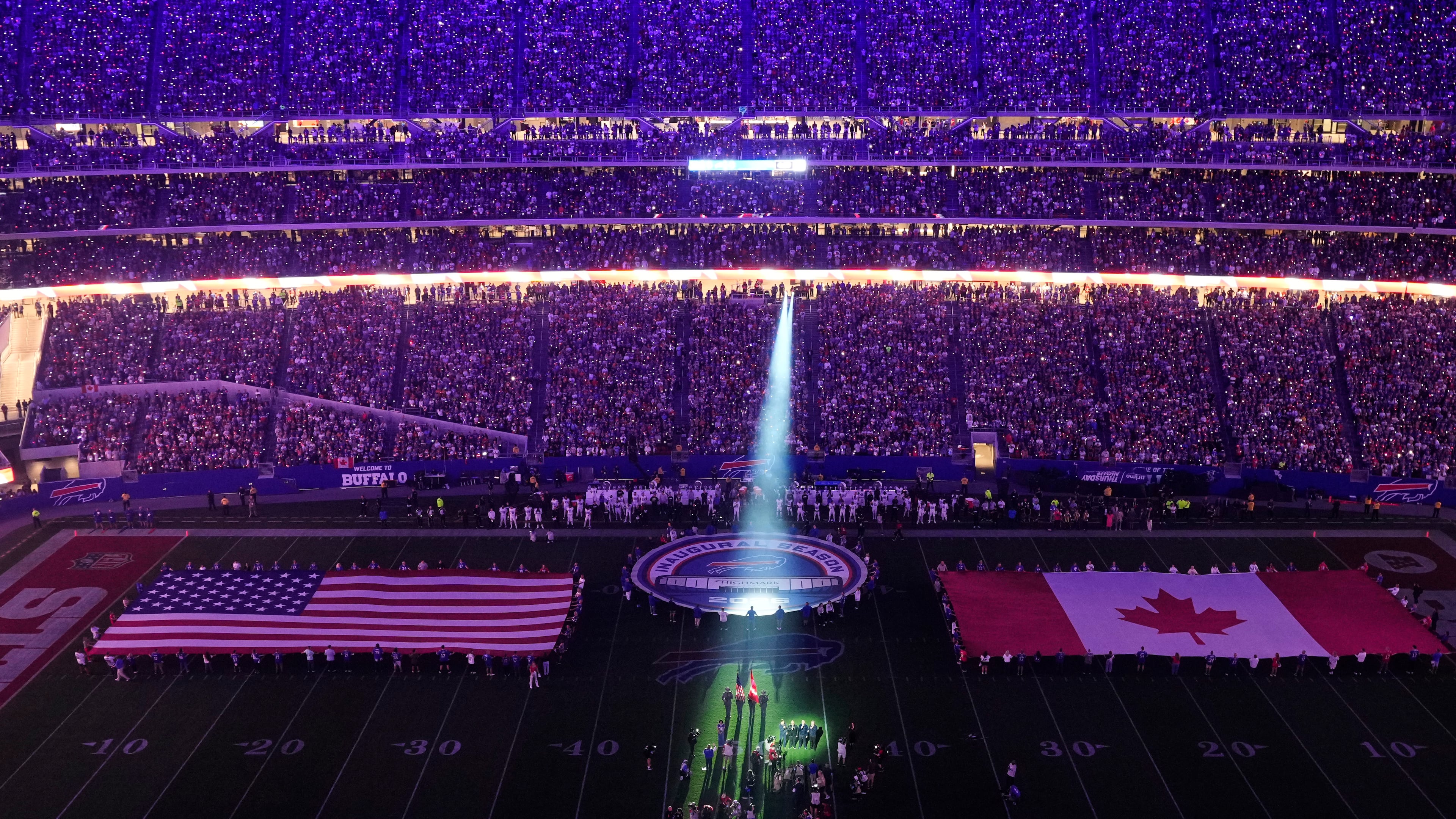 Barenaked Ladies sing the Canadian national anthem before an NFL football game at Highmark Stadium between the Buffalo Bills and Detroit Lions in Orchard Park, N.Y., Thursday, Sept. 17, 2026. (AP Photo/Sue Ogrocki)