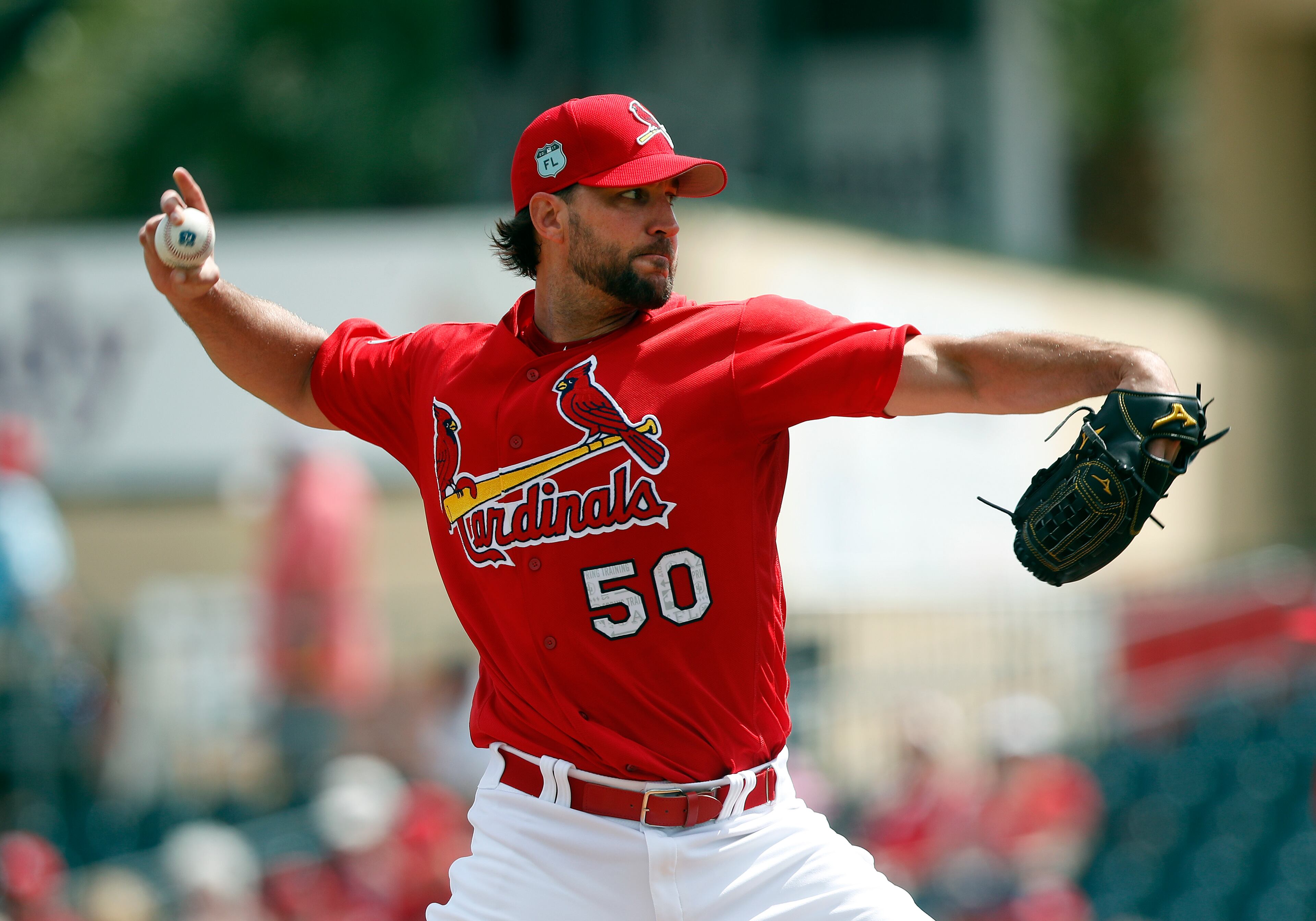 St. Louis Cardinals starting pitcher Adam Wainwright (50) works in the first inning of a spring training baseball game against the Atlanta Braves Thursday, March 2, 2017, in Jupiter, Fla. (AP Photo/John Bazemore)