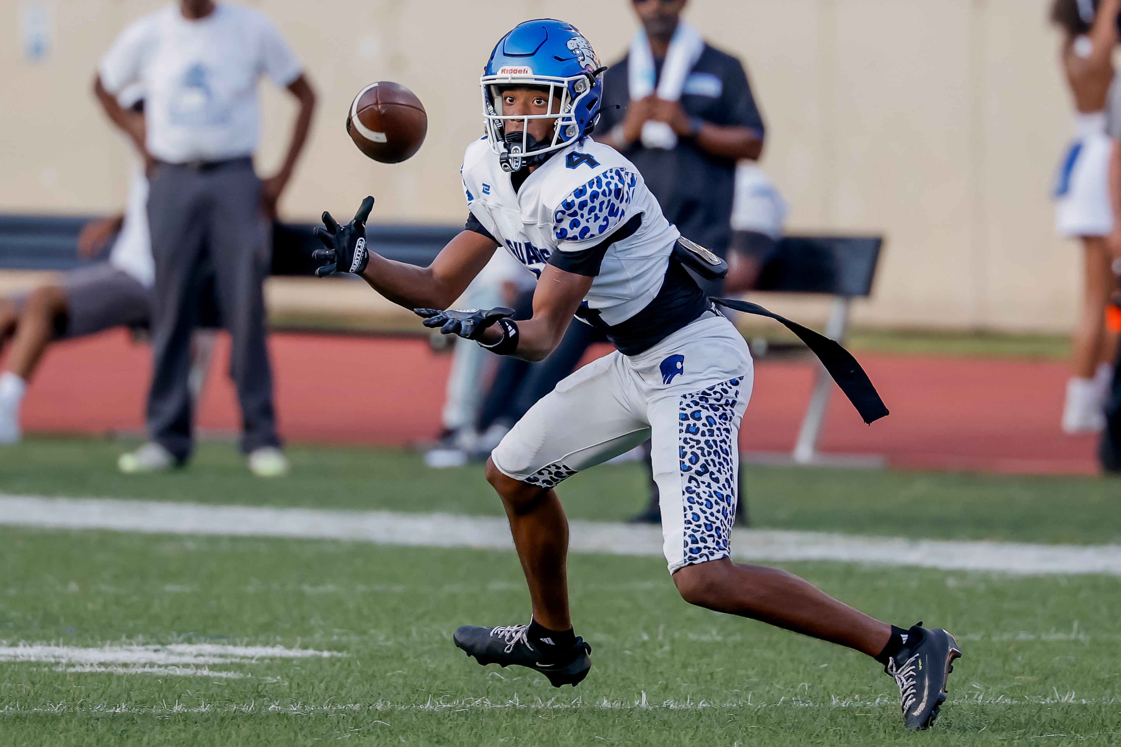 Stephenson’s Micheal Miller makes a reception against Tucker during the first half of their game at Hallford Stadium on Friday, Sept. 4, 2026, in Clarkston. (Erik S. Lesser for the AJC)
