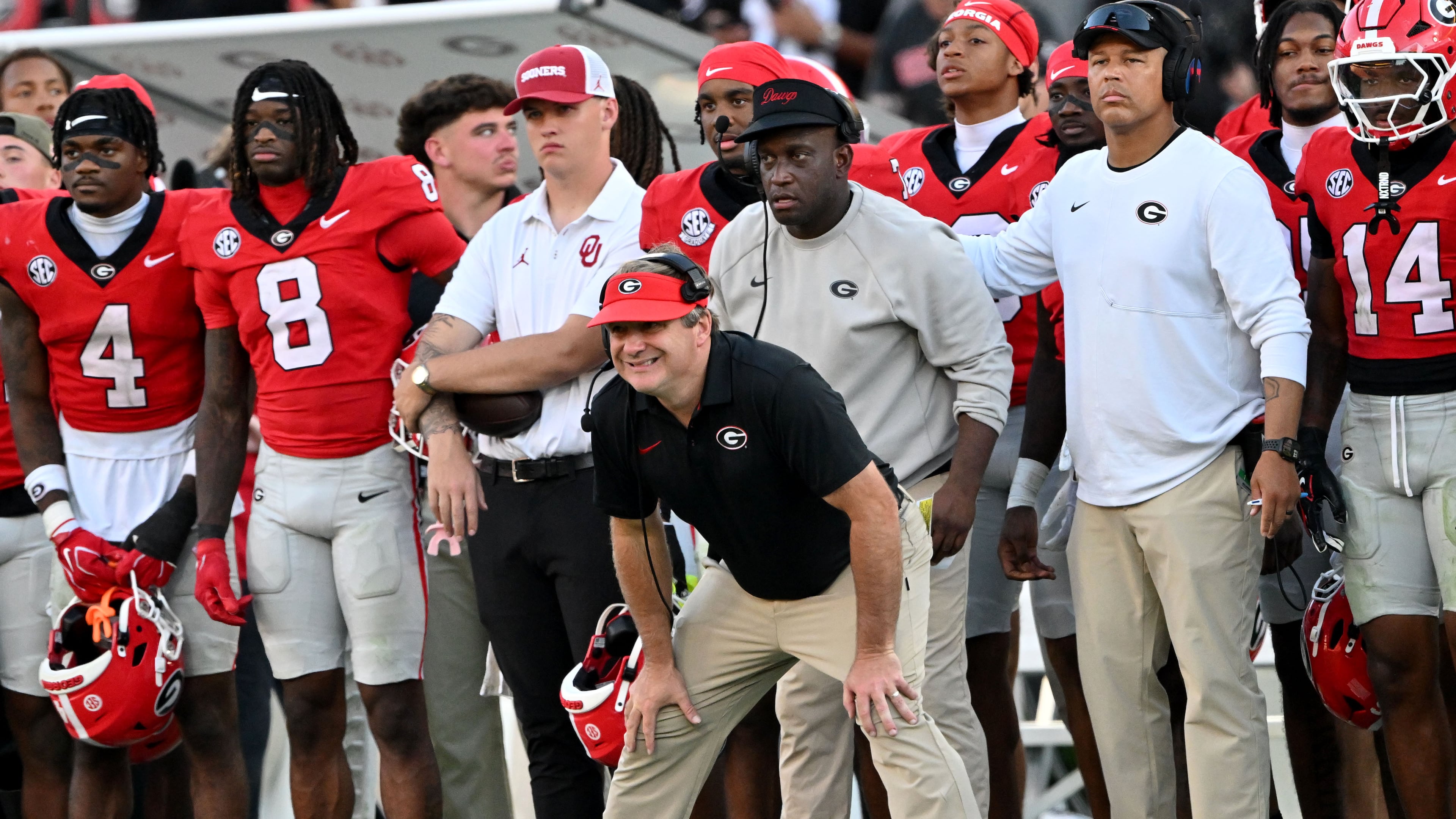 Georgia head coach Kirby Smart watches during the second half of an NCAA football game at Sanford Stadium on Saturday, Sept. 26, 2026, in Athens, Ga. Georgia defeated Oklahoma 41-13. (Hyosub Shin/AJC)