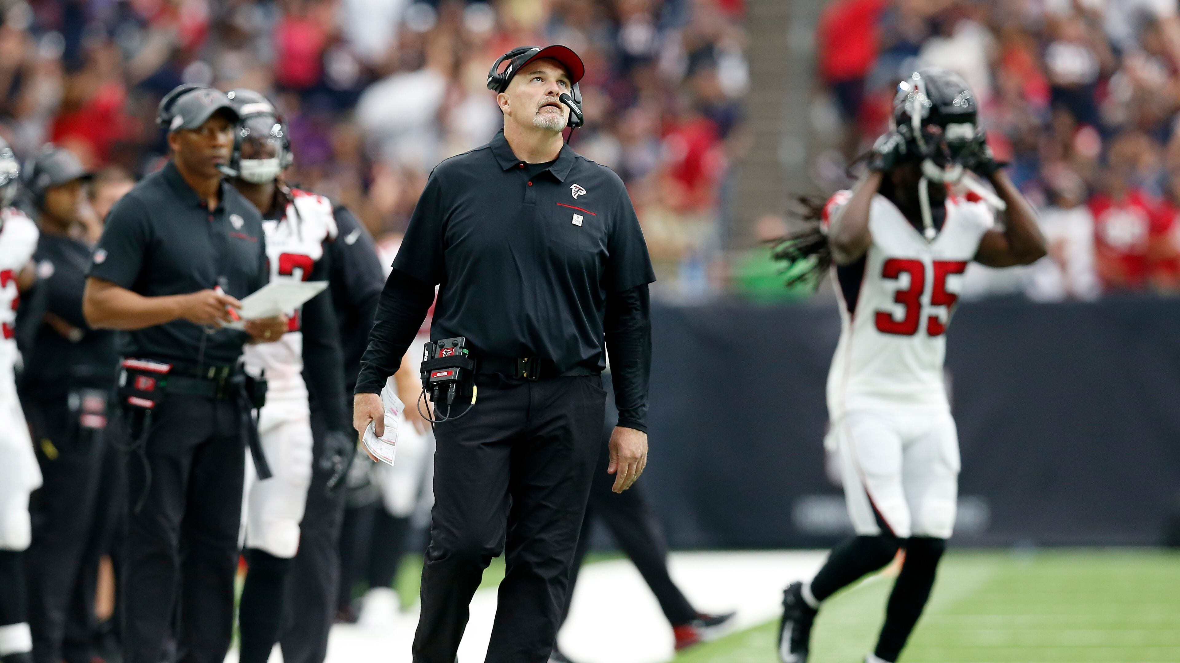 HOUSTON, TX - OCTOBER 06: Head coach Dan Quinn of the Atlanta Falcons reacts in the second half against the Houston Texans at NRG Stadium on October 6, 2019 in Houston, Texas. (Photo by Tim Warner/Getty Images)