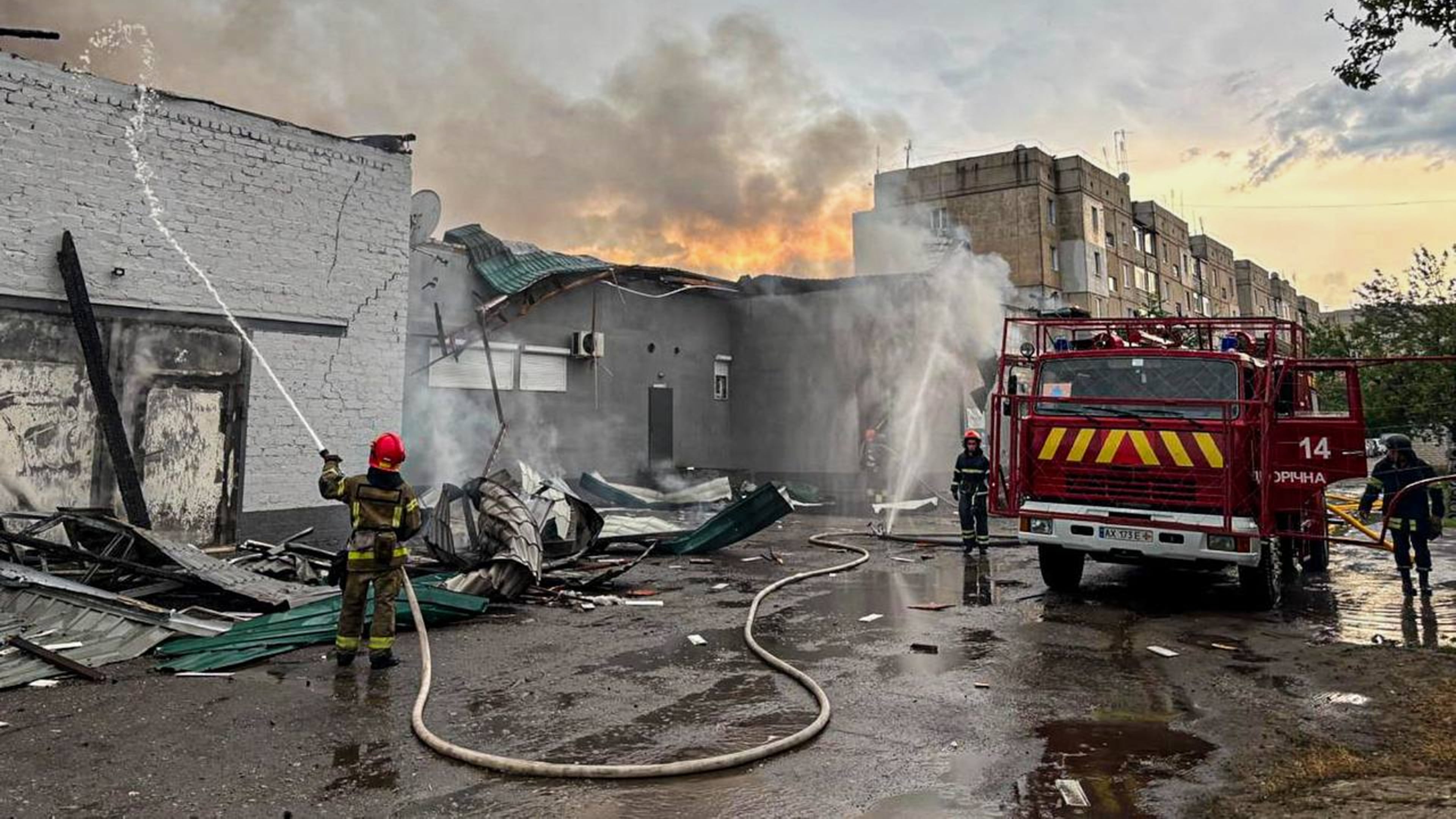 In this photo provided by the Ukrainian Emergency Service, firefighters put out the fire at a prayer house of a local Protestant community of Evangelical Christian Baptists following Russian air attack in Balakliia, Kharkiv region, Ukraine, Saturday, May 23, 2026. (Ukrainian Emergency Service via AP)