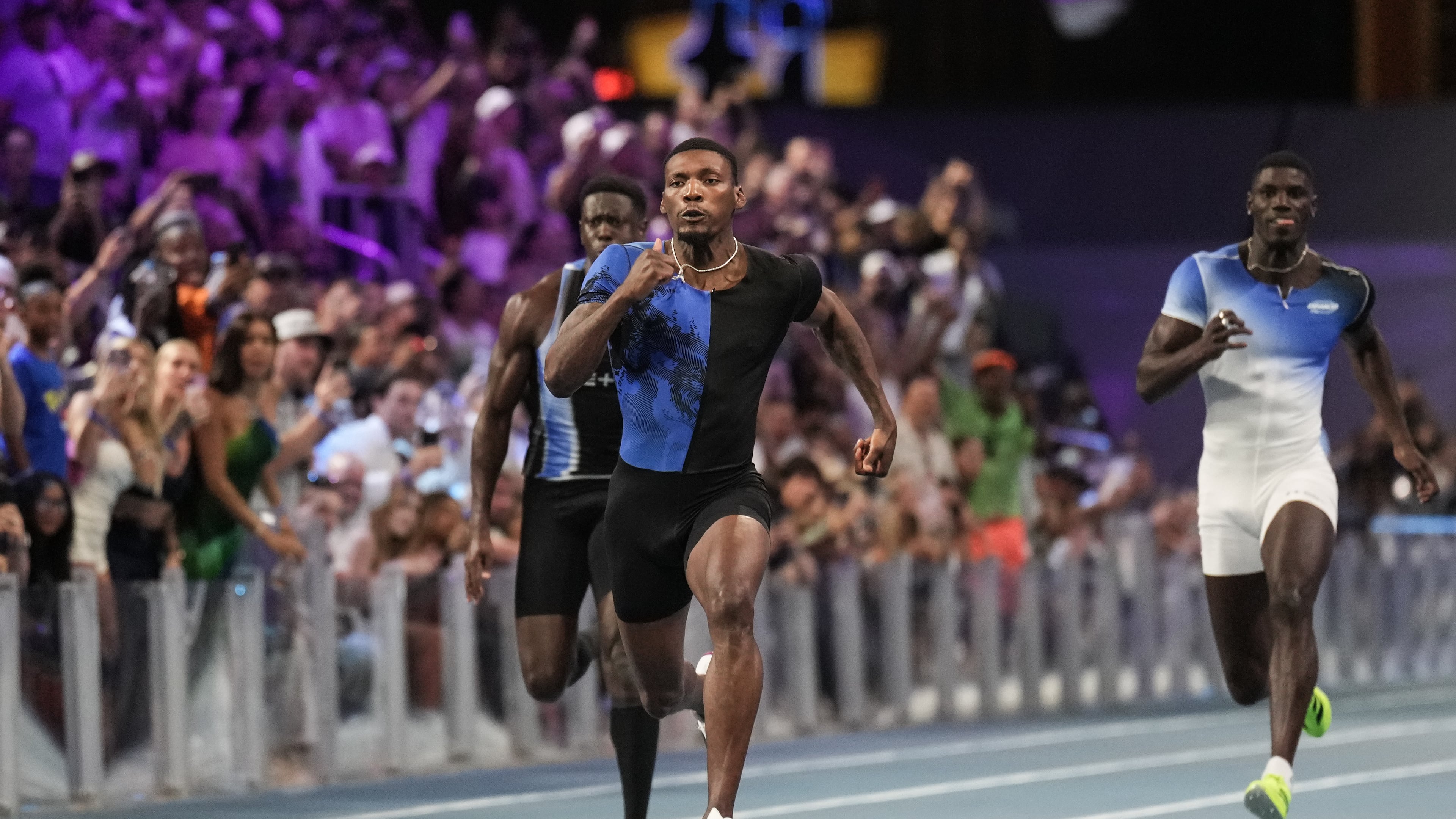 Fred Kerley, of the United States, competes in the men's 100-meter final at the Enhanced Games in Las Vegas, Sunday, May 24, 2026. (AP Photo/Jae C. Hong)