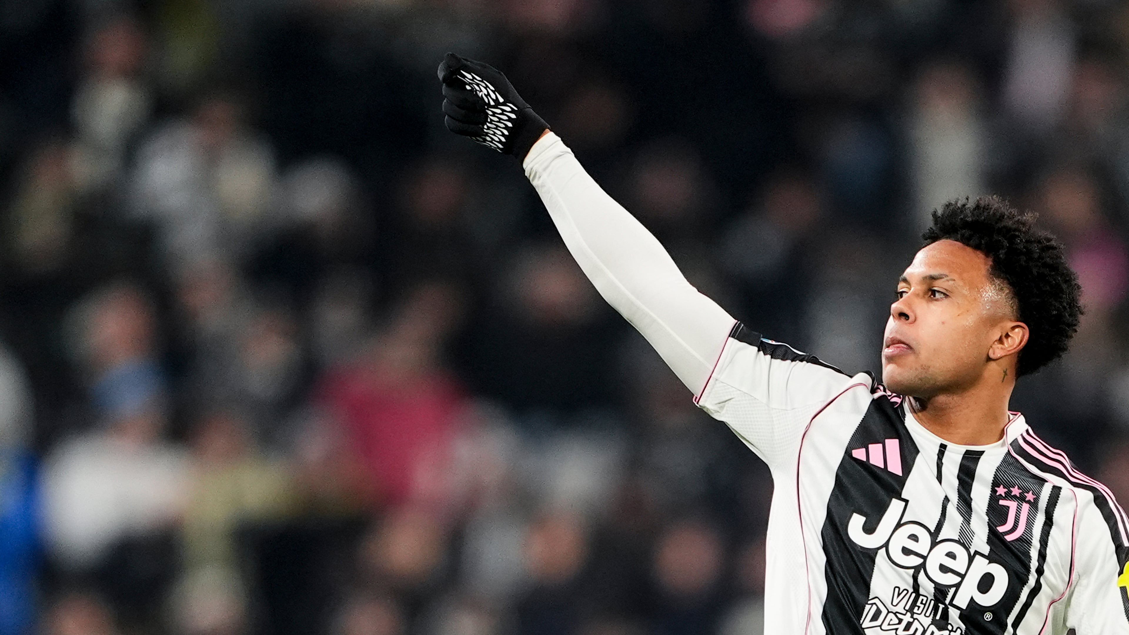 Juventus' Weston McKennie celebrates after scoring the 5-0 goal for his team during the Serie A soccer match between Juventus Fc and Cremonese at the Juventus Stadium, in Turin, Italy, Monday, Jan. 12, 2026. (Fabio Ferrari/LaPresse via AP)
