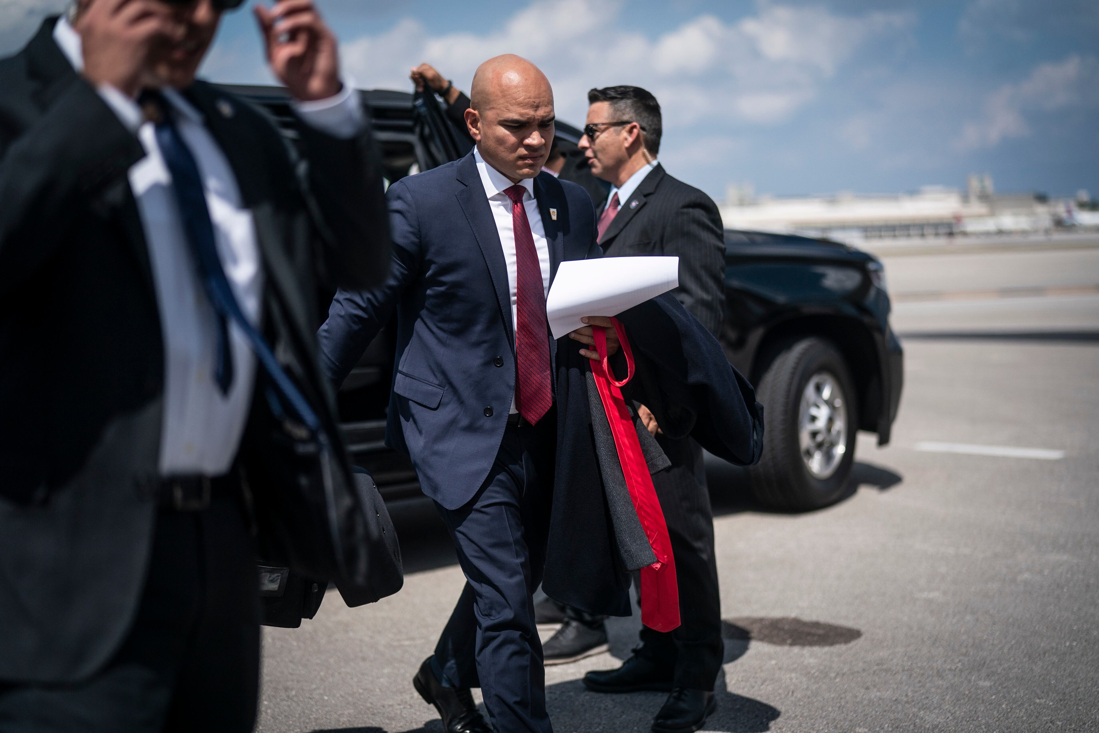 Walt Nauta, aide to former president Donald Trump, follows Trump as they board his airplane, known as Trump Force One, in route to Iowa at Palm Beach International Airport on March 13, 2023, in West Palm Beach, Fla. MUST CREDIT: Washington Post photo by Jabin Botsford