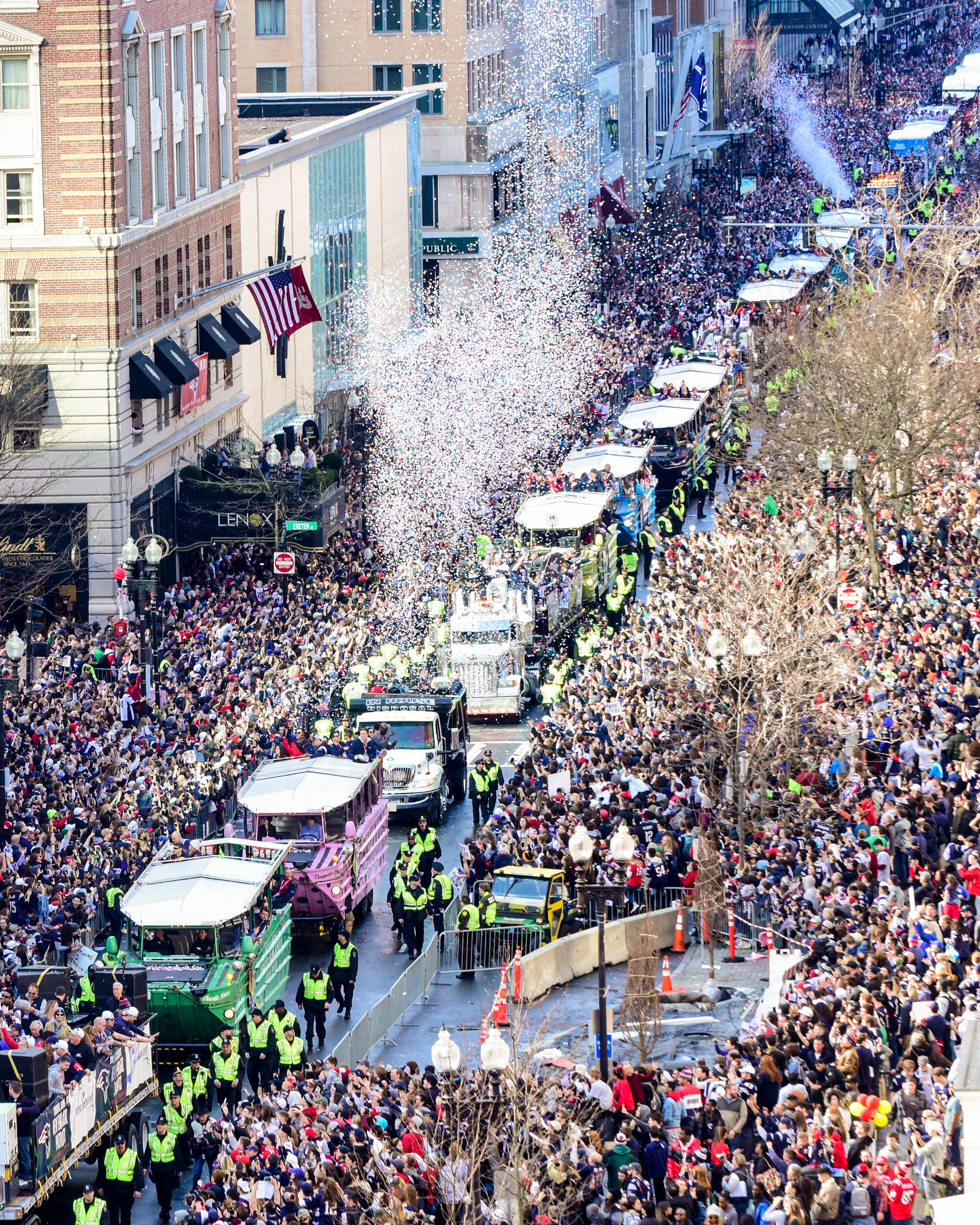 BOSTON, MASSACHUSETTS - FEBRUARY 05: Duck boats line Boylston Street as the New England Patriots Super Bowl Victory Parade is held on February 05, 2019 in Boston, Massachusetts. (Photo by Billie Weiss/Getty Images)