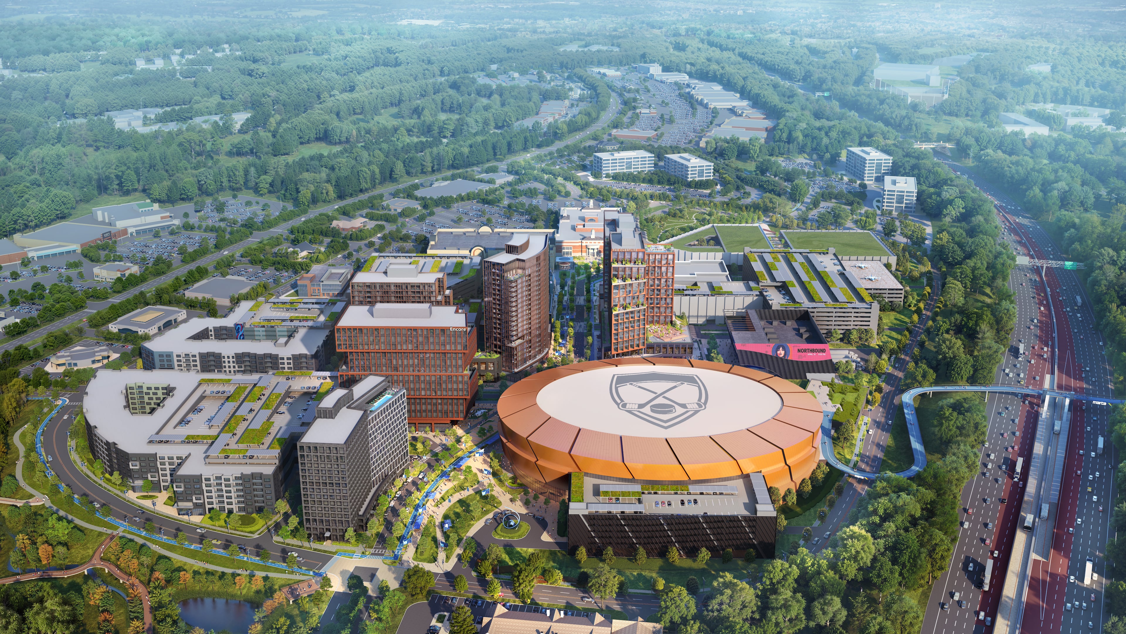 A rendering of a planned redevelopment of North Point Mall in Alpharetta by Jamestown and New York Life. The project is centered on a 20,000-seat arena large enough to support an NHL franchise if one were announced for the Atlanta area. (Courtesy of Jamestown)