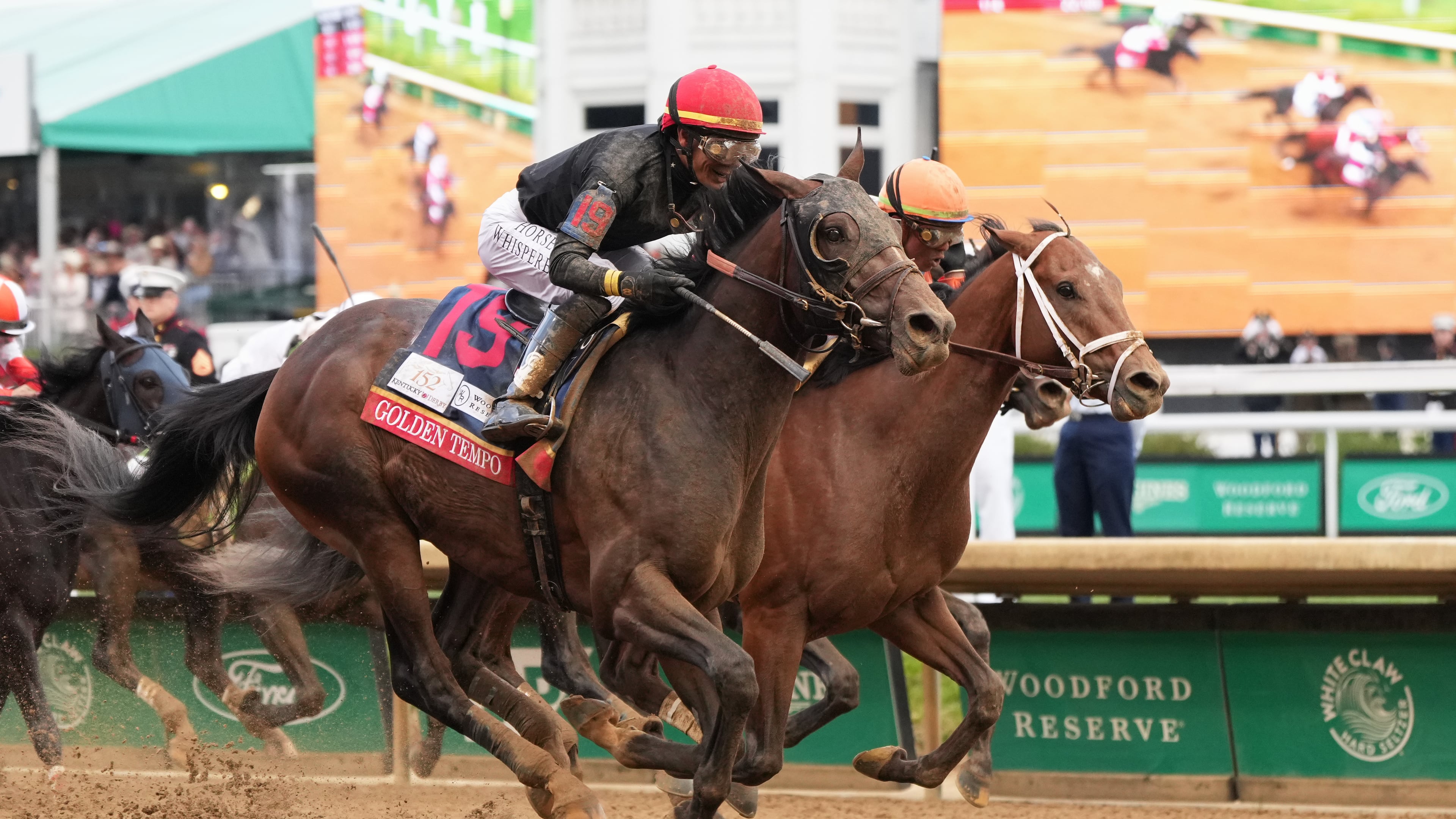 Golden Tempo (19) ridden by Jose L. Ortiz wins the 152nd running of the Kentucky Derby horse race at Churchill Downs, Saturday, May 2, 2026, in Louisville, Ky. (AP Photo/Jeff Roberson)