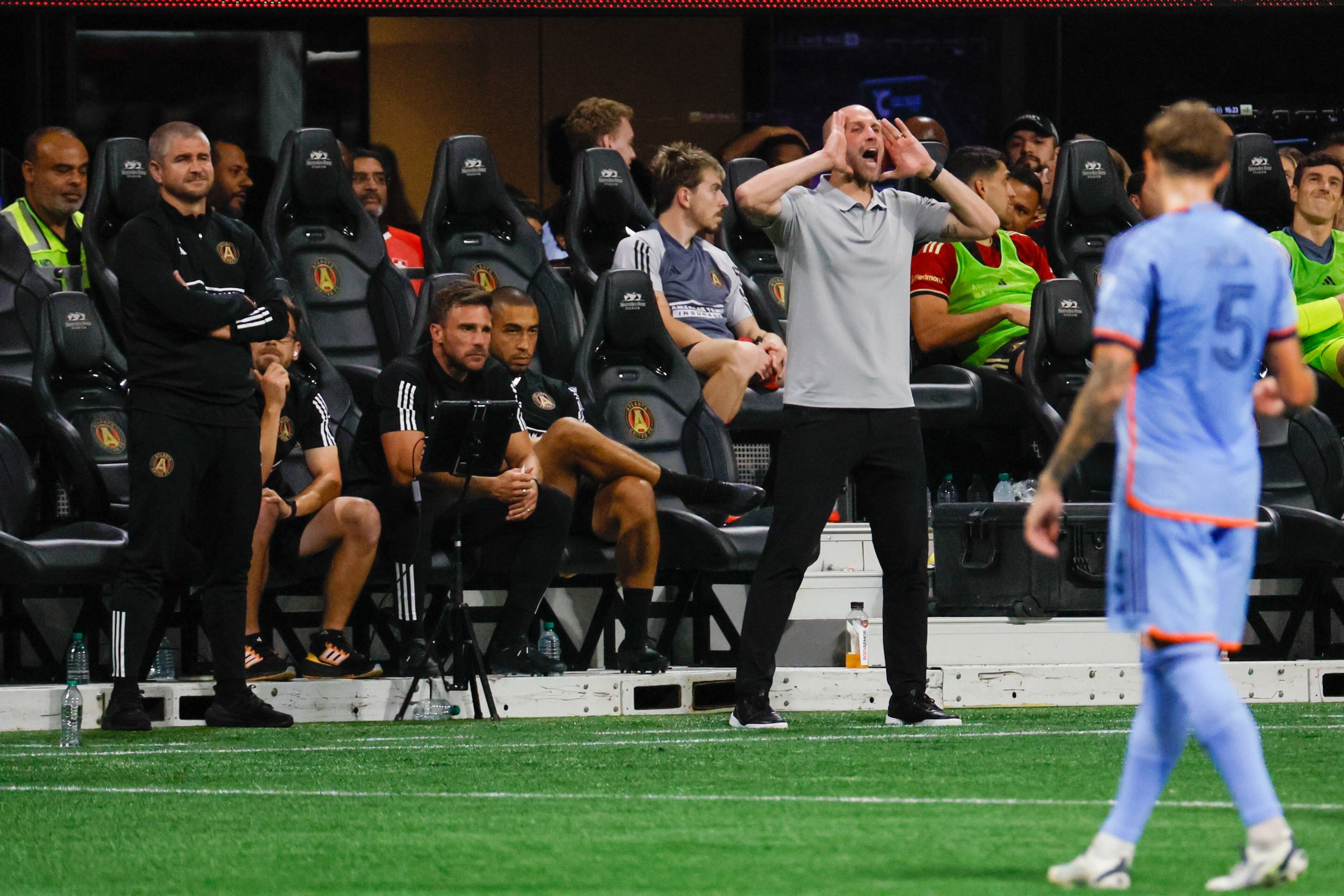 Atlanta United interim coach Rob Valentino yells instructions during the second half at Mercedes-Benz Stadium on Wednesday, July 17, 2024.
(Miguel Martinez/ AJC)