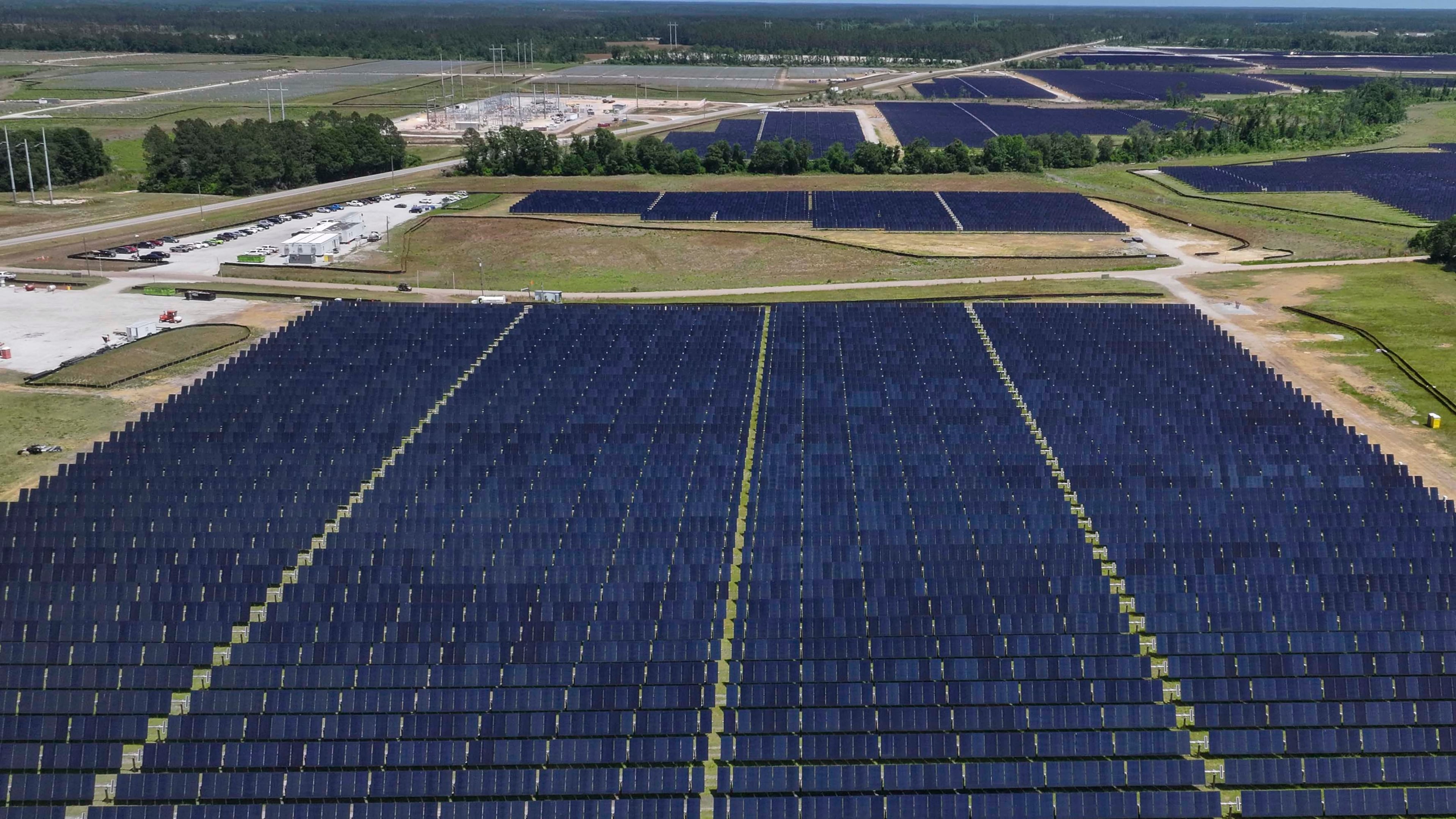 An aerial image shows a large construction site where Silicon Ranch is building one of Georgia’s largest solar farms in one of the state’s smallest counties, on Tuesday, April 21, 2026. A trio of proposals could bring large solar arrays to south Georgia. (Miguel Martinez/AJC)