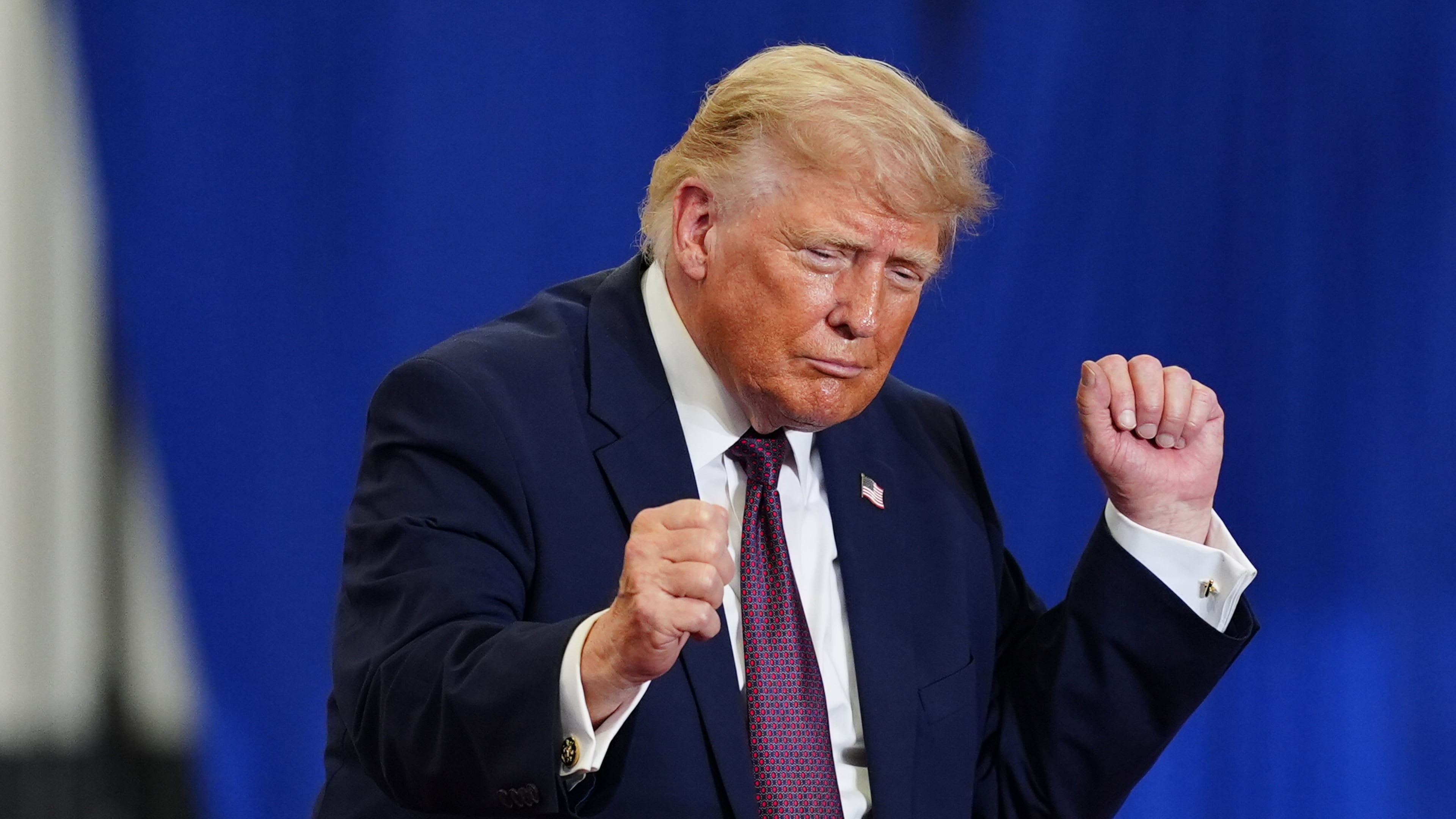 President Donald Trump dances on stage at a Mack Trucks facility, Tuesday, June 23, 2026, in Macungie, Pa. (AP Photo/Julia Demaree Nikhinson)