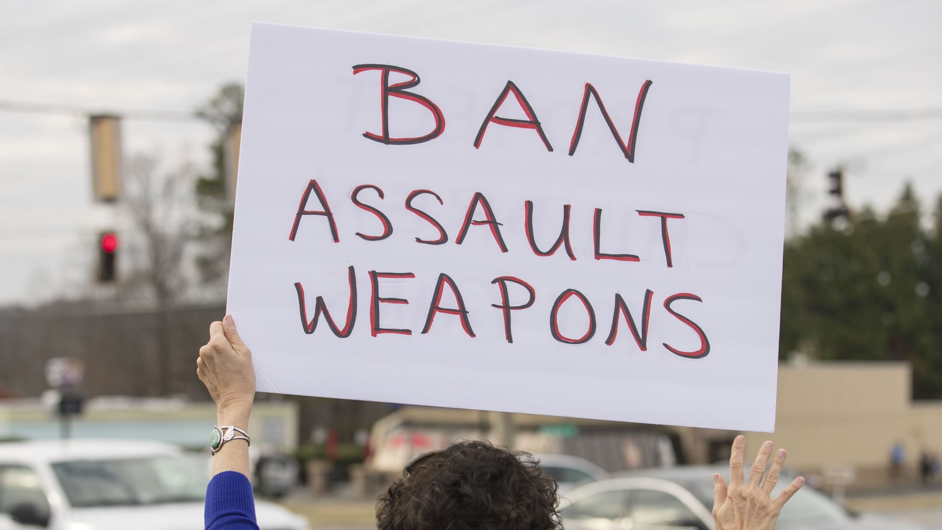 A woman holds a sign in during a protest against the National Rifle Association along Alabama Road NE in Woodstock, Tuesday, February 20, 2018. ALYSSA POINTER/ALYSSA.POINTER@AJC.COM