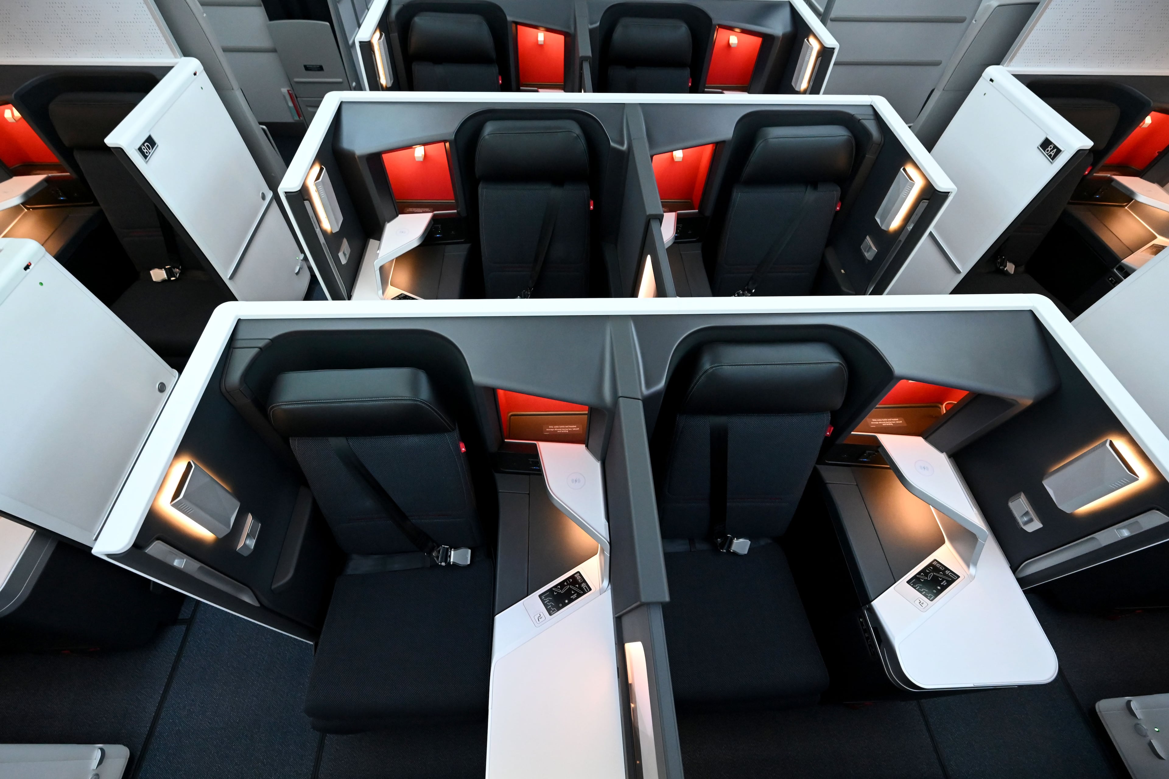 Photo shows the newly designed Delta One Suites during a media preview of an Airbus A350 at Delta TechOps, Friday, January 24, 2025, in Atlanta. Delta unveiled a new cabin design featuring improved lighting, seating and refreshed branding elements. (Hyosub Shin/AJC)
