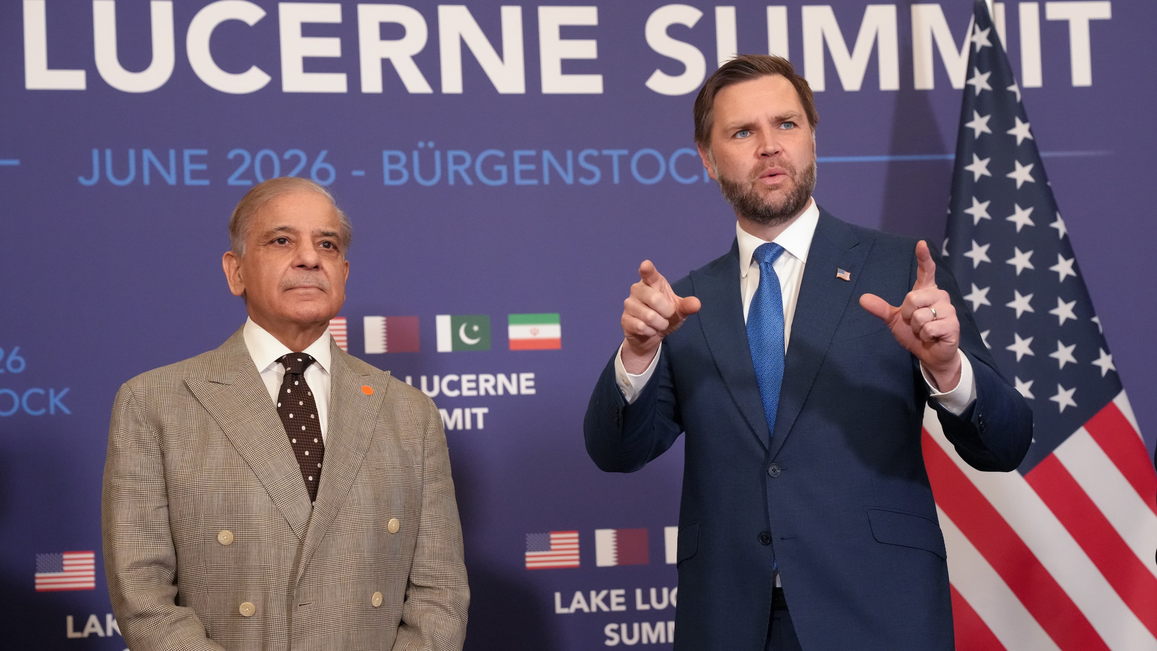 U.S. Vice President JD Vance, right, meets with Pakistan's Prime Minister Shehbaz Sharif, during high-level talks aimed at advancing a deal to end the Middle East conflict, at the Bürgenstock Resort in Obbuergen, near Lucerne, in Switzerland, Sunday, June 21, 2026. (Nathan Howard/Pool Photo via AP)