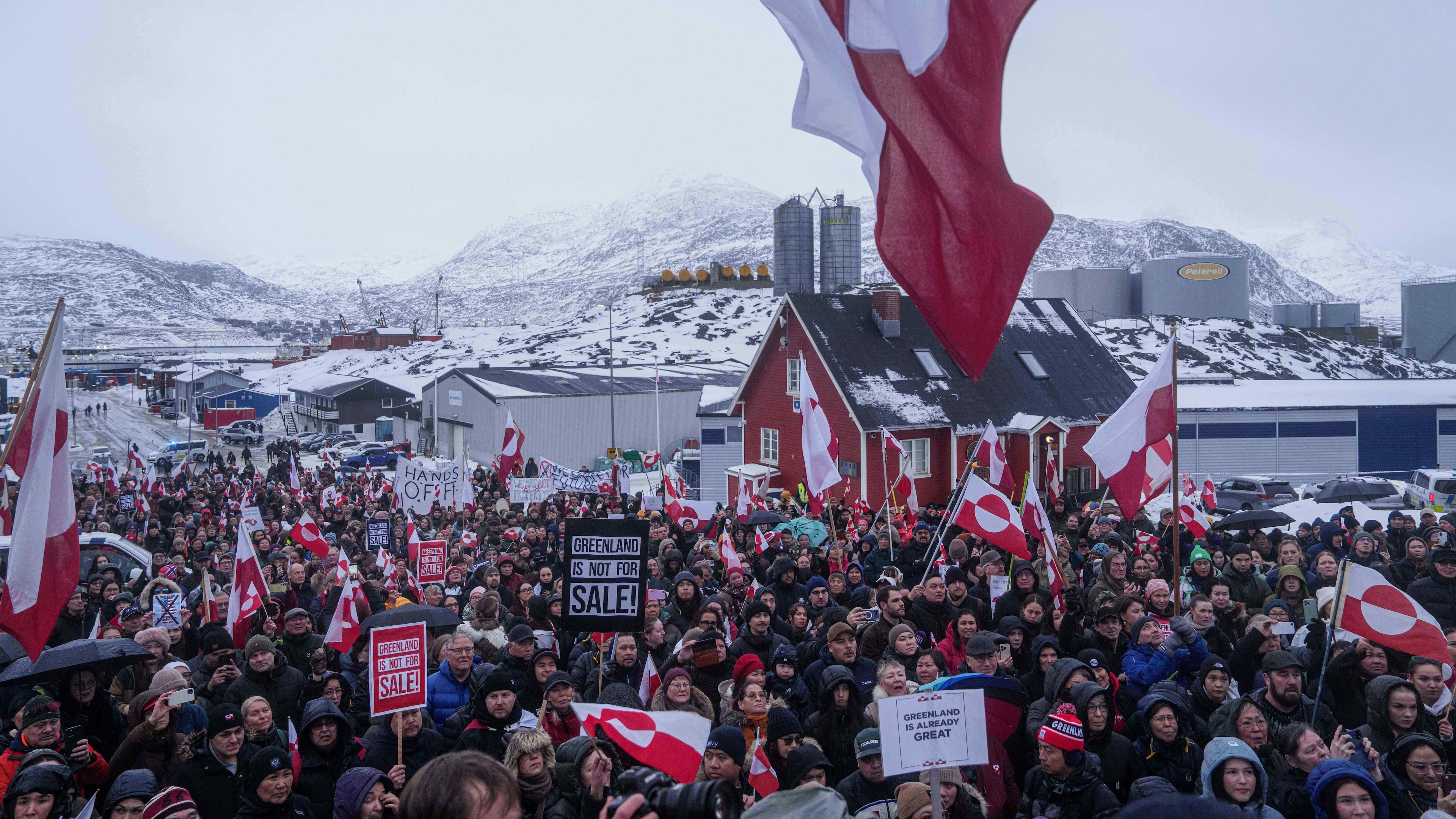 FILE - People protest against Trump's policy towards Greenland in front of the US consulate in Nuuk, Greenland, Jan. 17, 2026. (AP Photo/Evgeniy Maloletka, File)