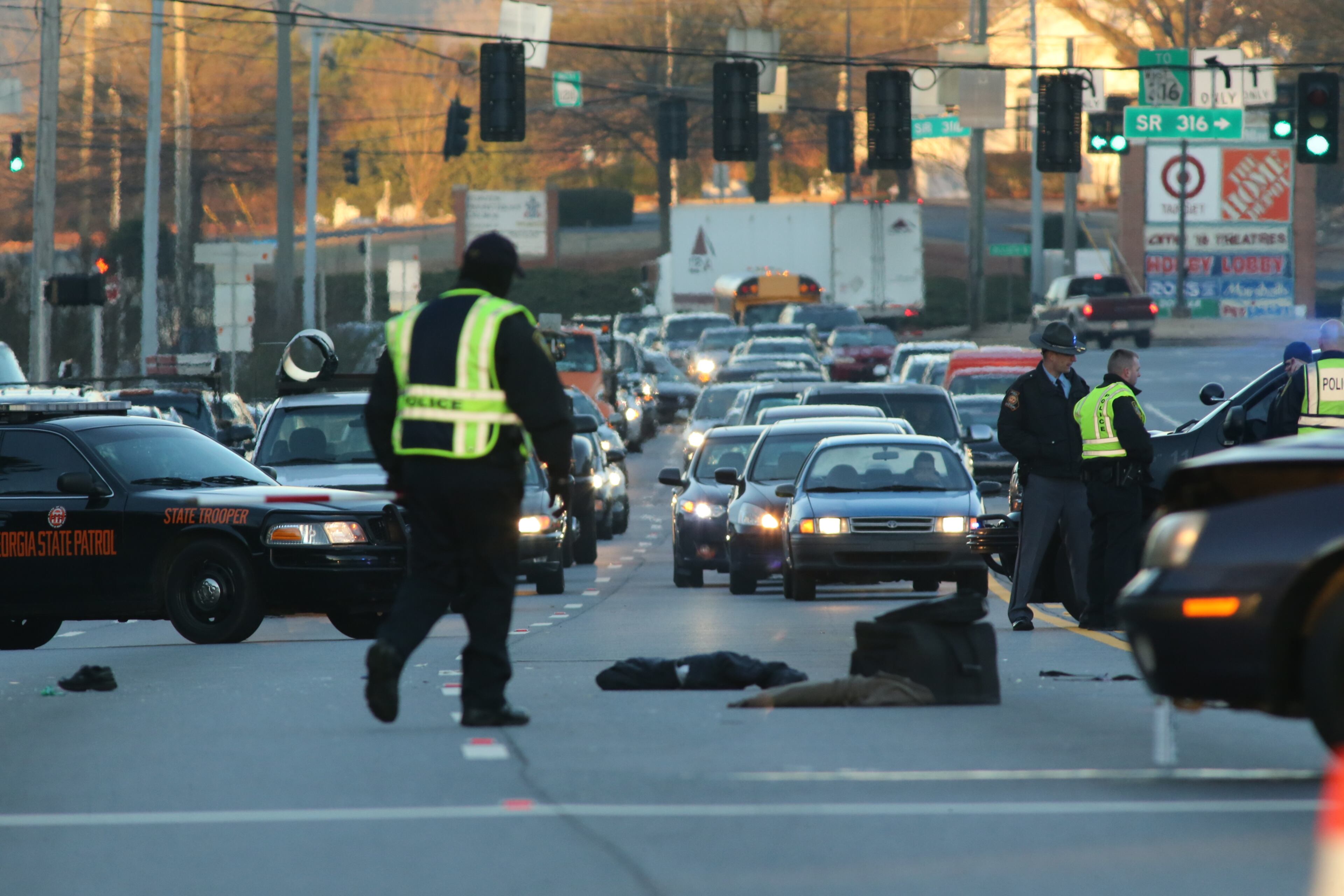 Lawrenceville police were investigating a pedestrian fatality early Thursday in front of Gwinnett Medical Center. The person was struck by a car and killed before 6 a.m. at the intersection of Duluth Highway and Medical Center Boulevard. On the ground is investigators' equipment.