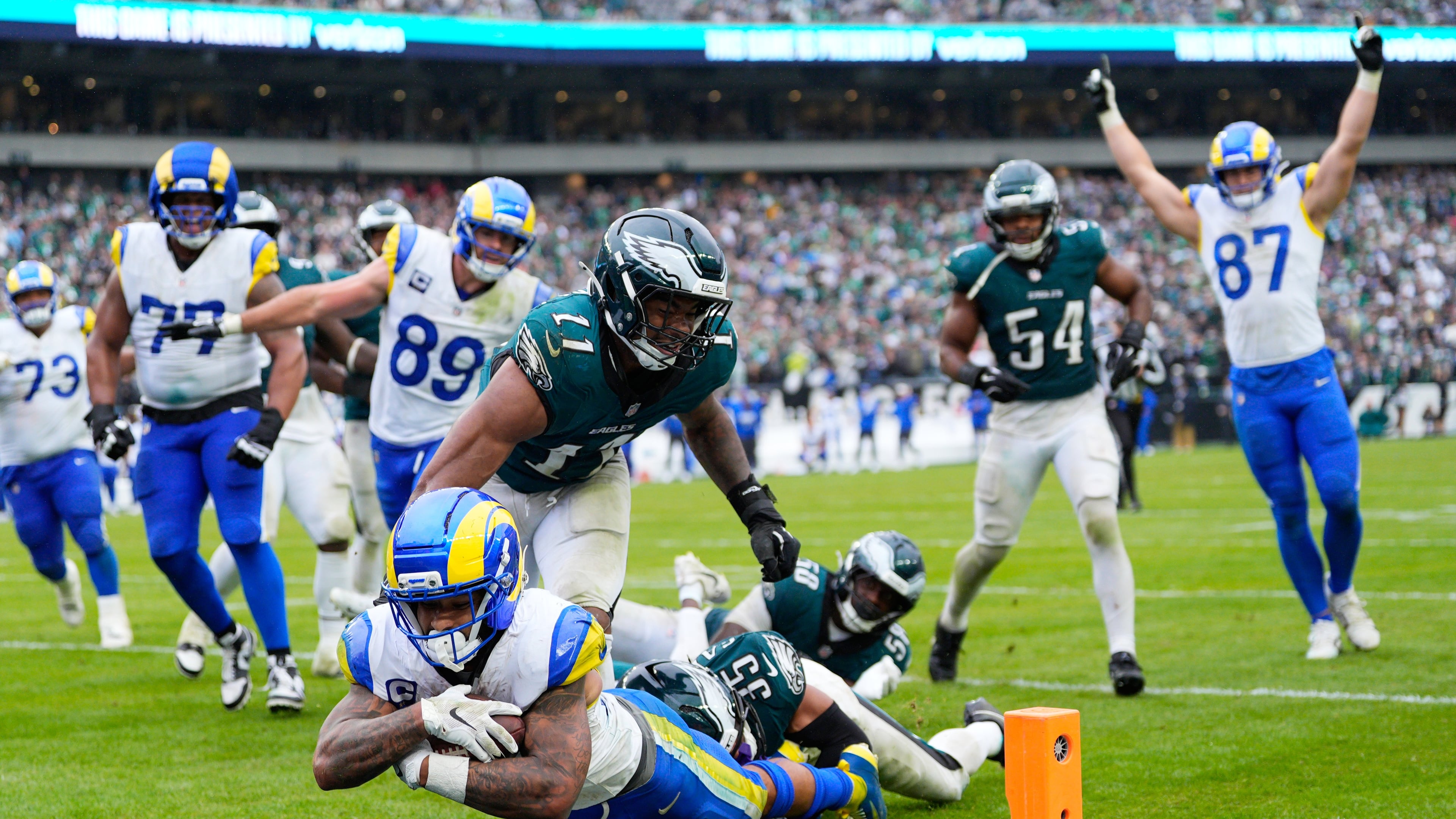 Los Angeles Rams running back Kyren Williams (23) scores a touchdown during the second half of an NFL football game against the Philadelphia Eagles in Philadelphia, Sunday, Oct. 4, 2026. (AP Photo/Chris Szagola)