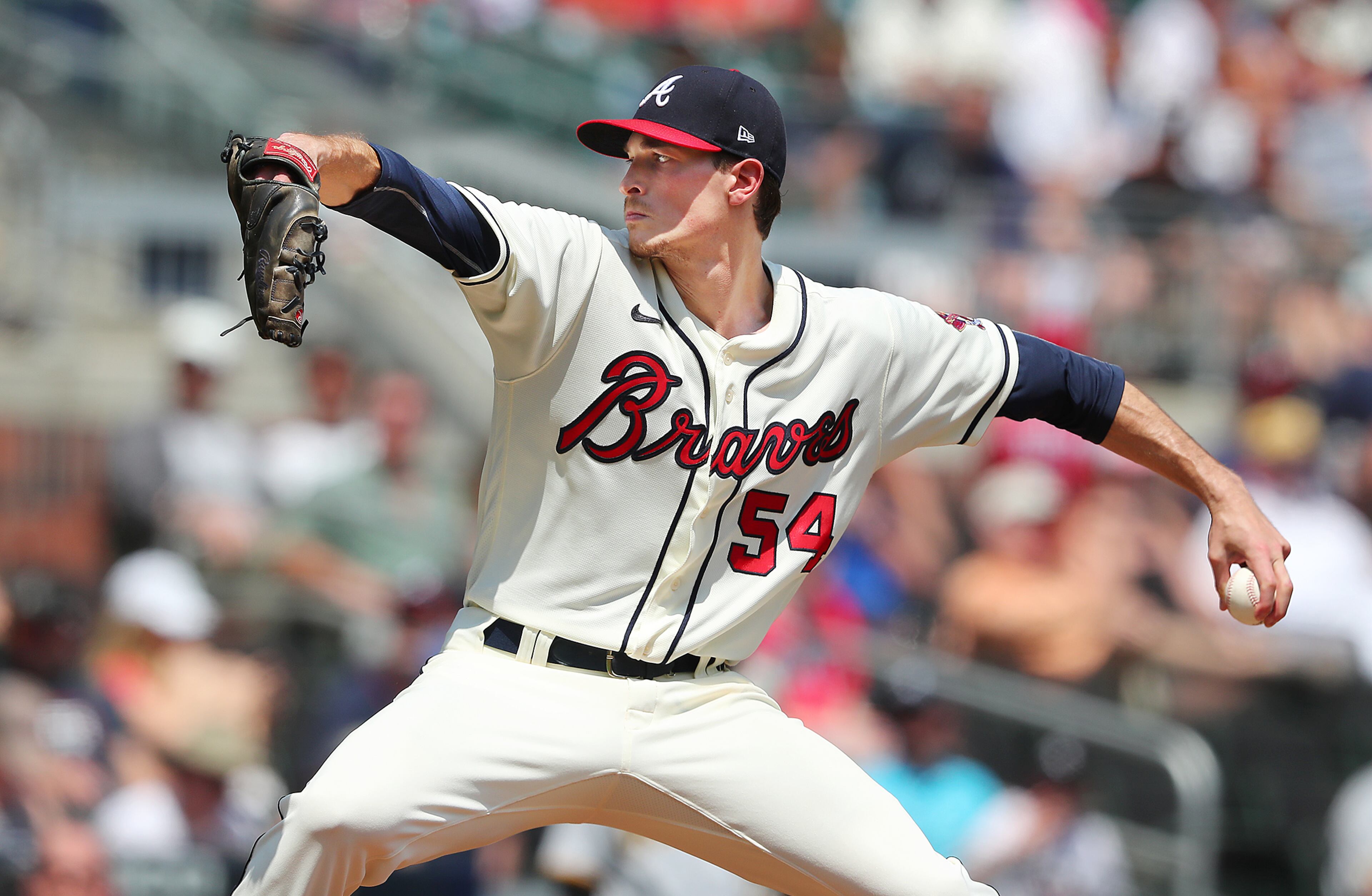 Braves starting pitcher Max Fried delivers against the Pittsburgh Pirates during the seventh inning Sunday, May 23, 2021, at Truist Park in Atlanta. (Curtis Compton / Curtis.Compton@ajc.com)