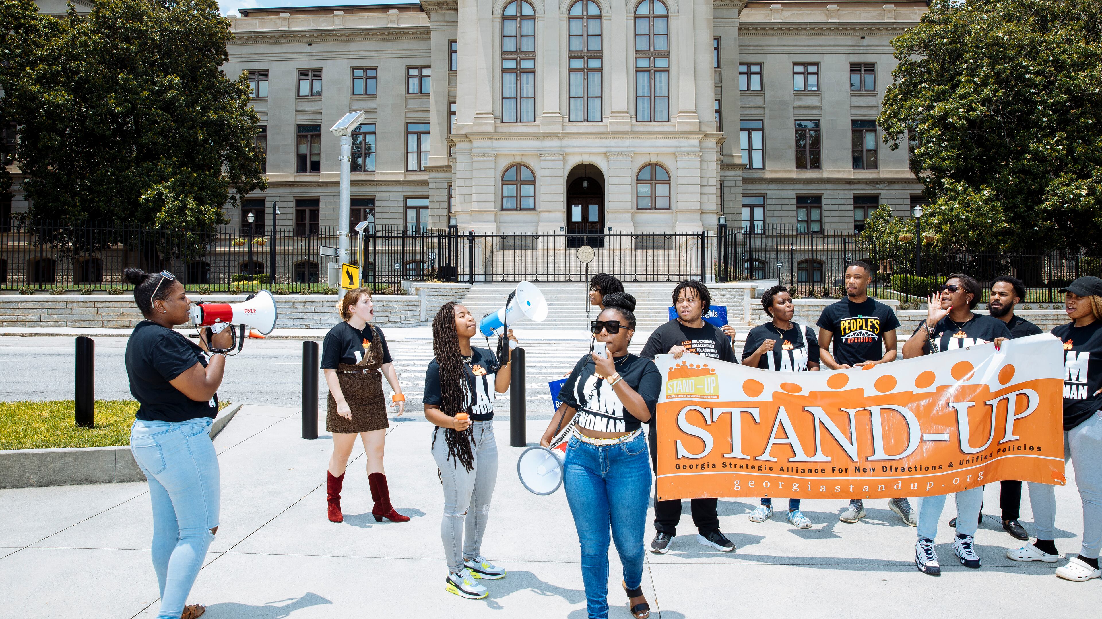 Abortion rights activists protest outside the Georgia State Capitol in Atlanta on Friday, June 24, 2022. The Supreme Court’s decision to overturn Roe v. Wade shifted the abortion fight to state legislatures, where gerrymandering has given Republicans an advantage. (Kendrick Brinson/The New York Times)