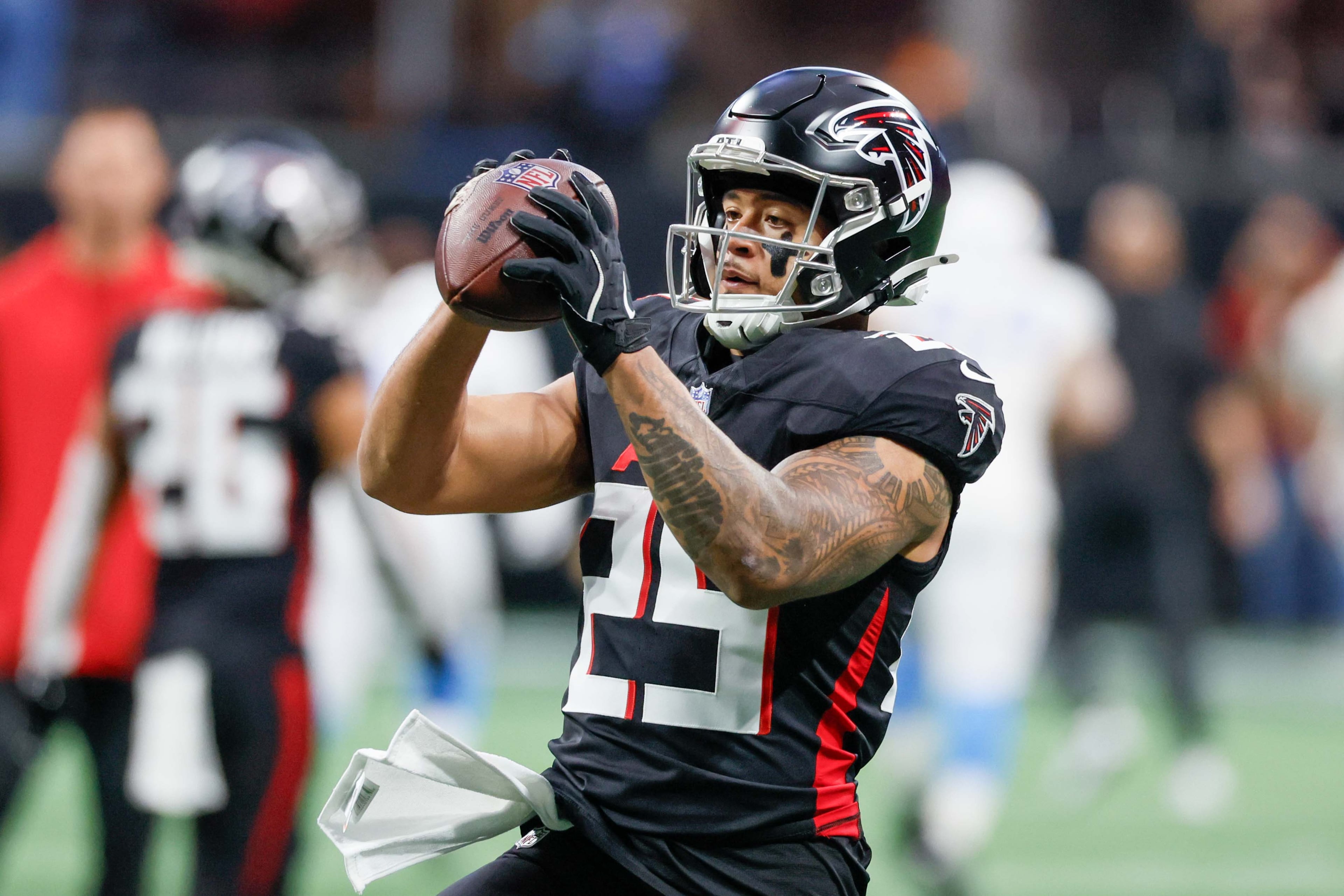 Atlanta Falcons running back Tyler Allgeier catches a pass during warm-ups before taking on the Los Angeles Chargers on Sunday, Dec. 1, 2024, at Mercedes-Benz Stadium in Atlanta.Â
(Miguel Martinez/ AJC)