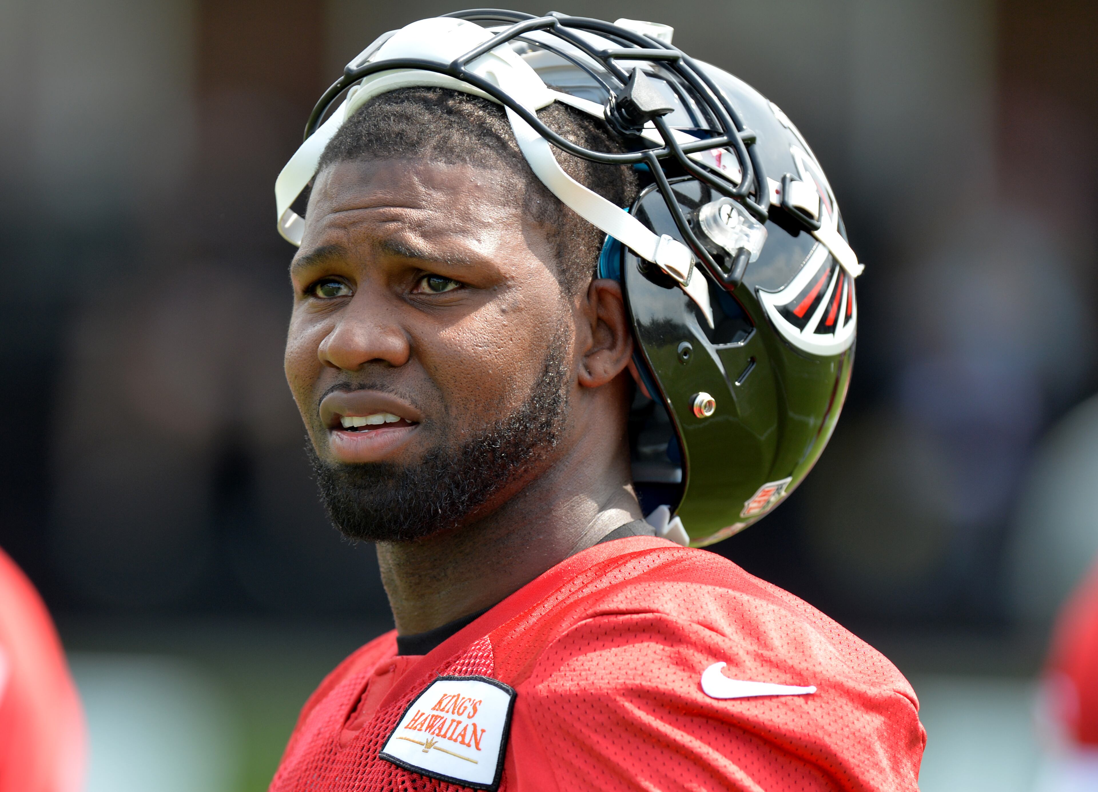 Atlanta Falcons wide receiver Devin Hester takes a break during training camp on Friday, July 25, 2014.