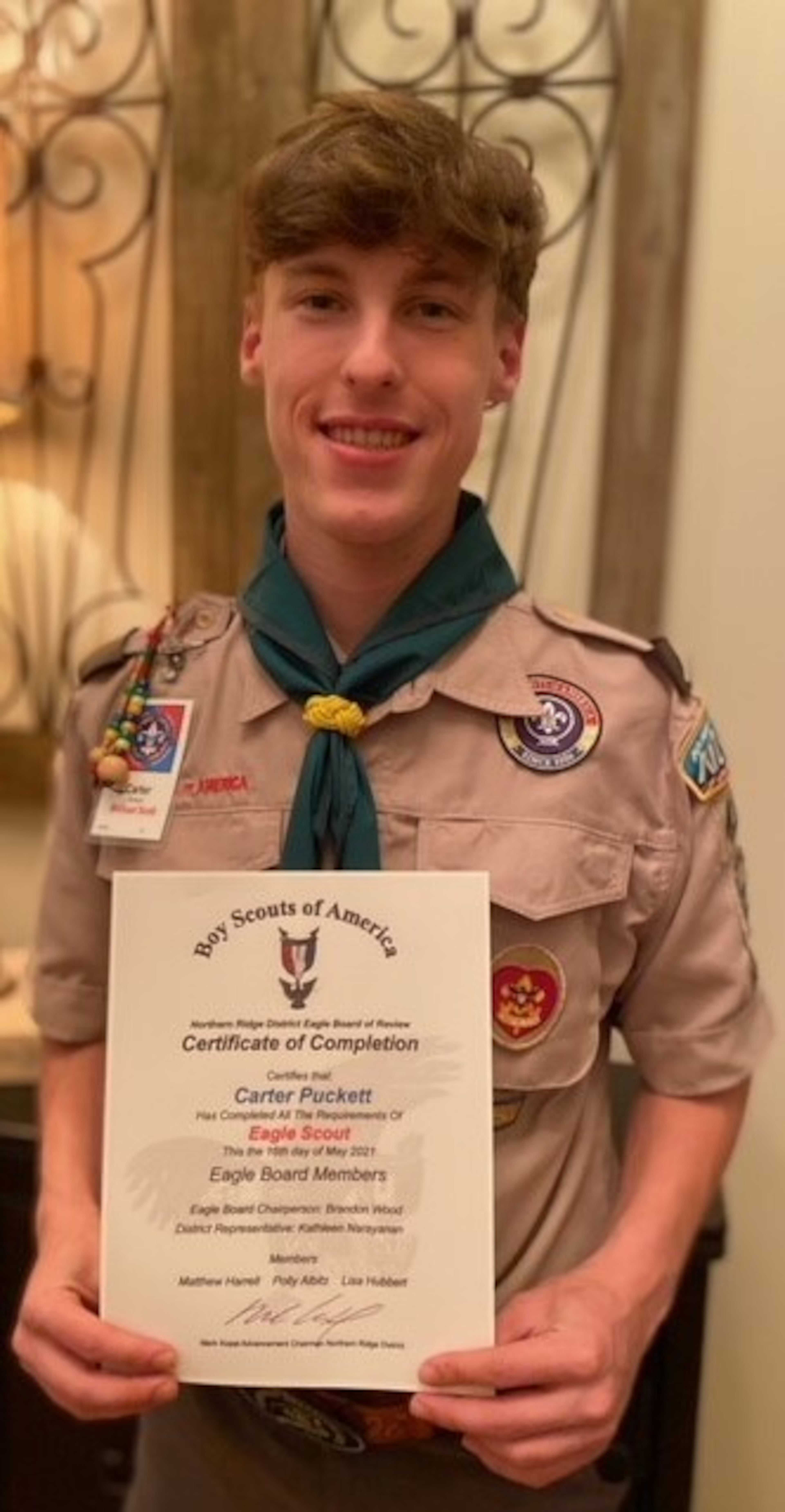 The Northern Ridge Boy Scout District (Cities of Roswell, Alpharetta, John’s Creek, Milton) is proud to announce its newest Eagle Scout, who passed his Board of Review On May 16: Carter Puckett of Troop 430, sponsored by St. David’s Episcopal Church, whose project was the design and construction of a pathway connecting a driveway to an existing brick patio located behind Jeffords Hall at St. David’s Episcopal Church. Carter also constructed a bench for this pathway