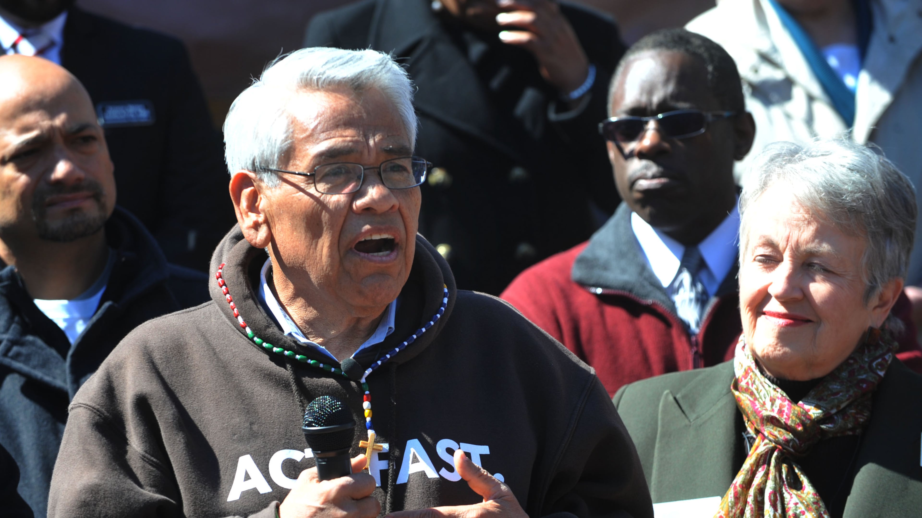Eliseo Medina speaks as demonstrators with the "Fast for Families Across America" tour arrive at the MLK Jr. Historic Site in Atlanta Wednesday, March 26, 2014. The group drew national attention last year for fasting on the National Mall in support of a congressional overhaul of the immigration system. Now they've brought their campaign to Atlanta. Among the activists is Eliseo Medina, a former international secretary-treasurer of the Service Employees International Union. KENT D. JOHNSON / KDJOHNSON@AJC.COM