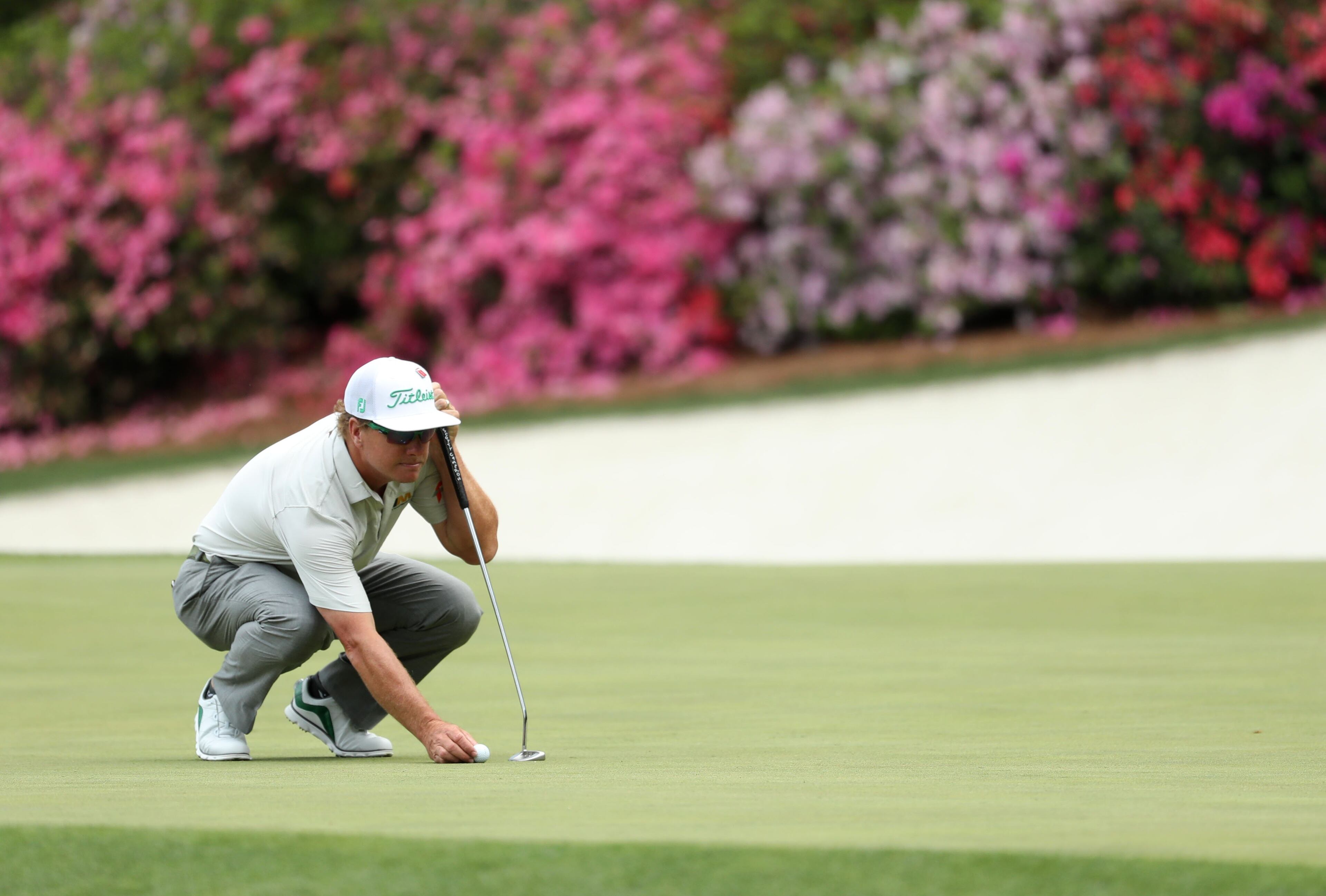 April 11, 2019 - Augusta - Charley Hoffman lines up his putt on thirteen during the first round of the Masters Tournament Thursday, April 11, 2019, at Augusta National Golf Club in Augusta. Jason Getz / Special to the AJC