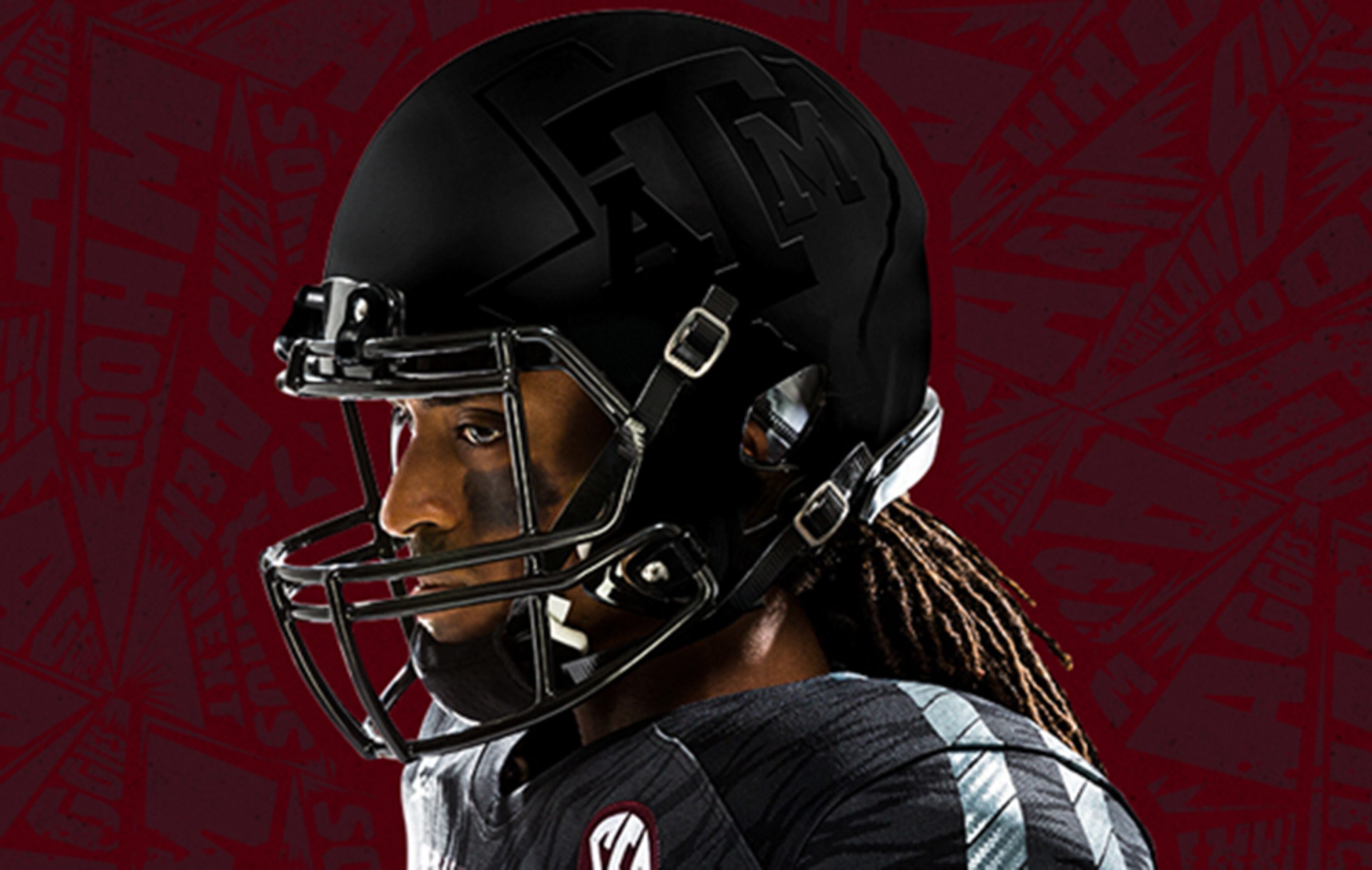 Centered around an all-black theme for Halloween, the Texas A&M Aggies will wear an all-black satin finish helmet when they face the South Carolina Gamecocks in College Station on Oct. 31. The reflective material on the helmet will have a vibrant glow under the Kyle Field lights.
