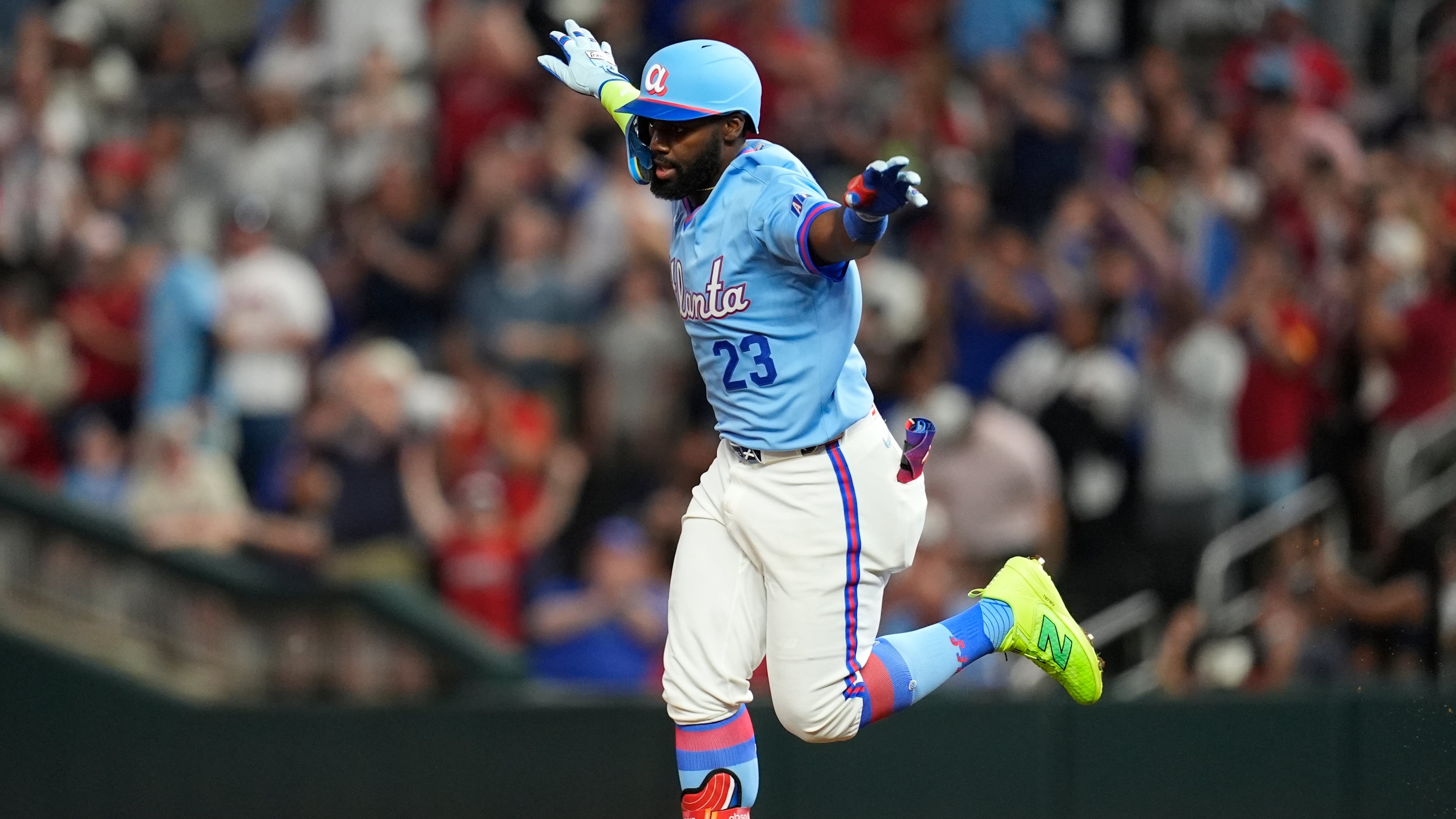 Atlanta Braves' Michael Harris II celebrates hitting a two-run home run in the sixth inning of a baseball game against the Cleveland Guardians, Friday, April 10, 2026, in Atlanta. (Mike Stewart/AP)
