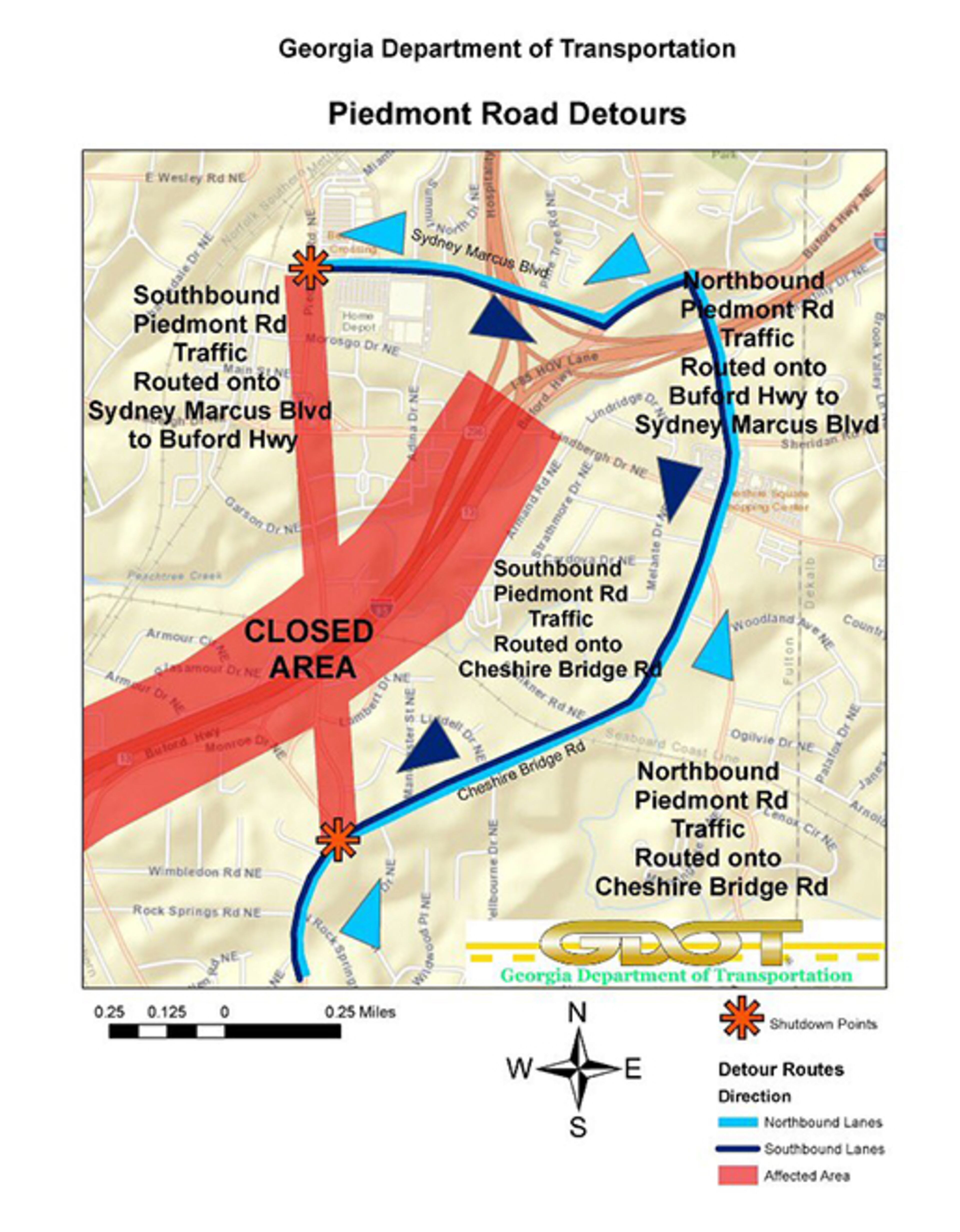 Map from the Georgia Department of Transportation highlighting the roads affected by the I-85 collapse in Midtown Atlanta.