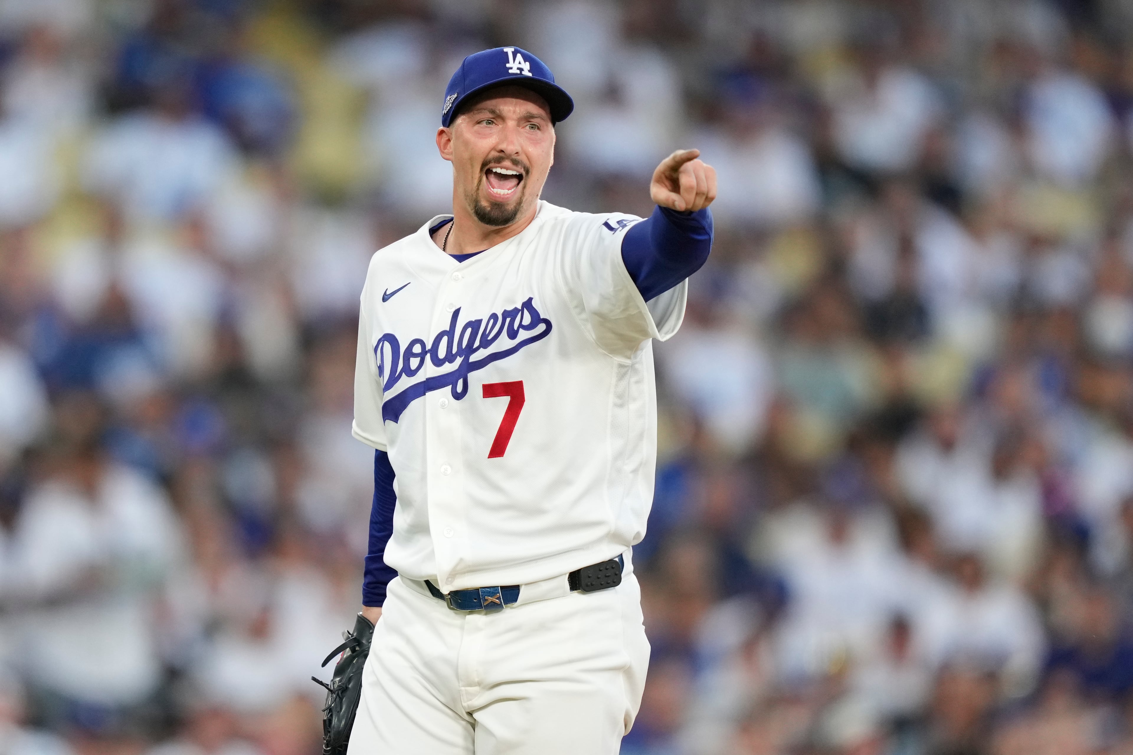 Los Angeles Dodgers starting pitcher Blake Snell appeals to an umpire on a swing by Atlanta Braves' Lane Thomas during the fourth inning of Game 2 of a National League Division Series baseball game Sunday, Oct. 4, 2026, in Los Angeles. (AP Photo/Mark J. Terrill)