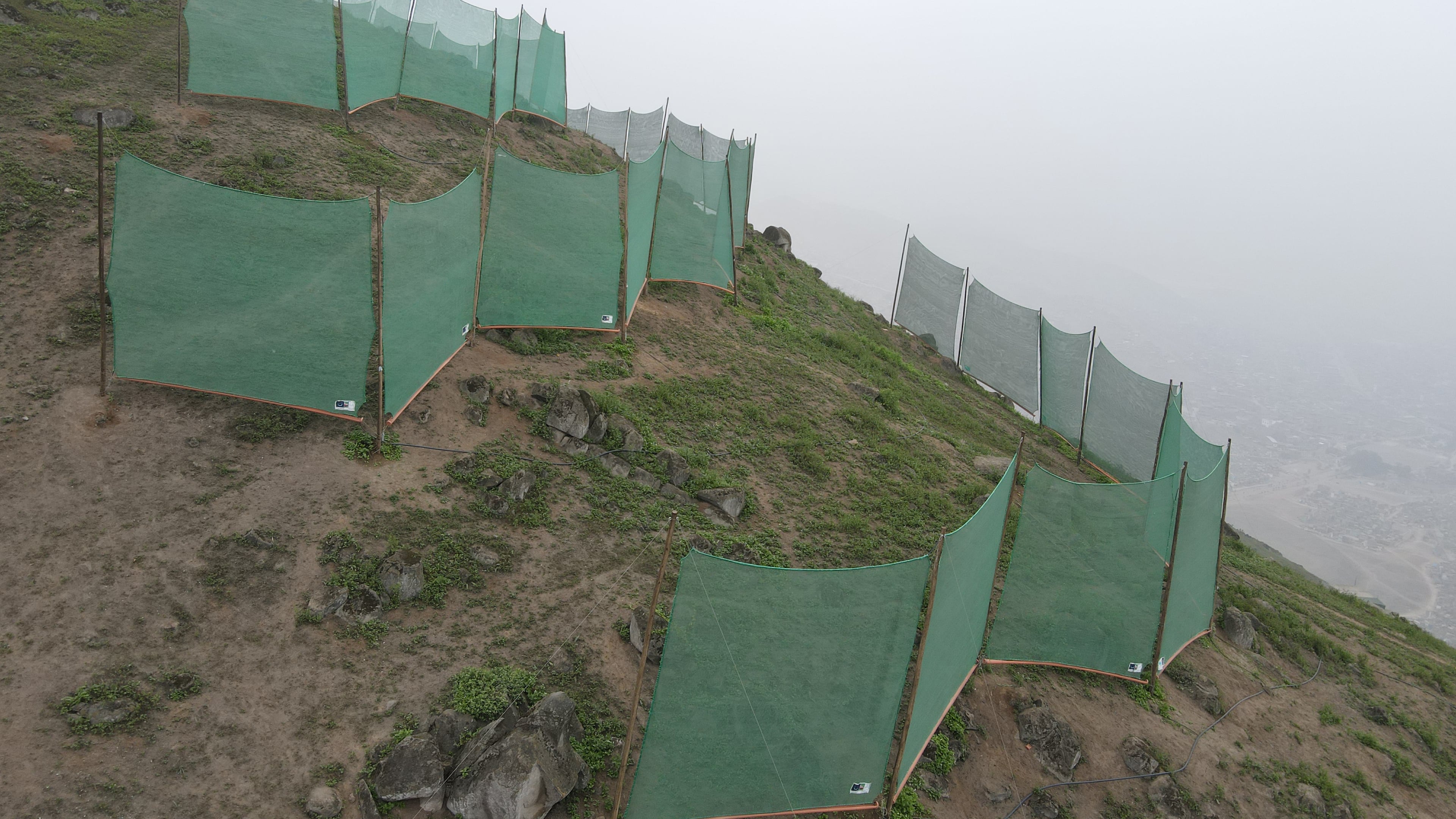 Fog catchers made of fabric on a hillside in Lima, Peru are providing some residents with water in the city of 10 million people with precious little rainfall.