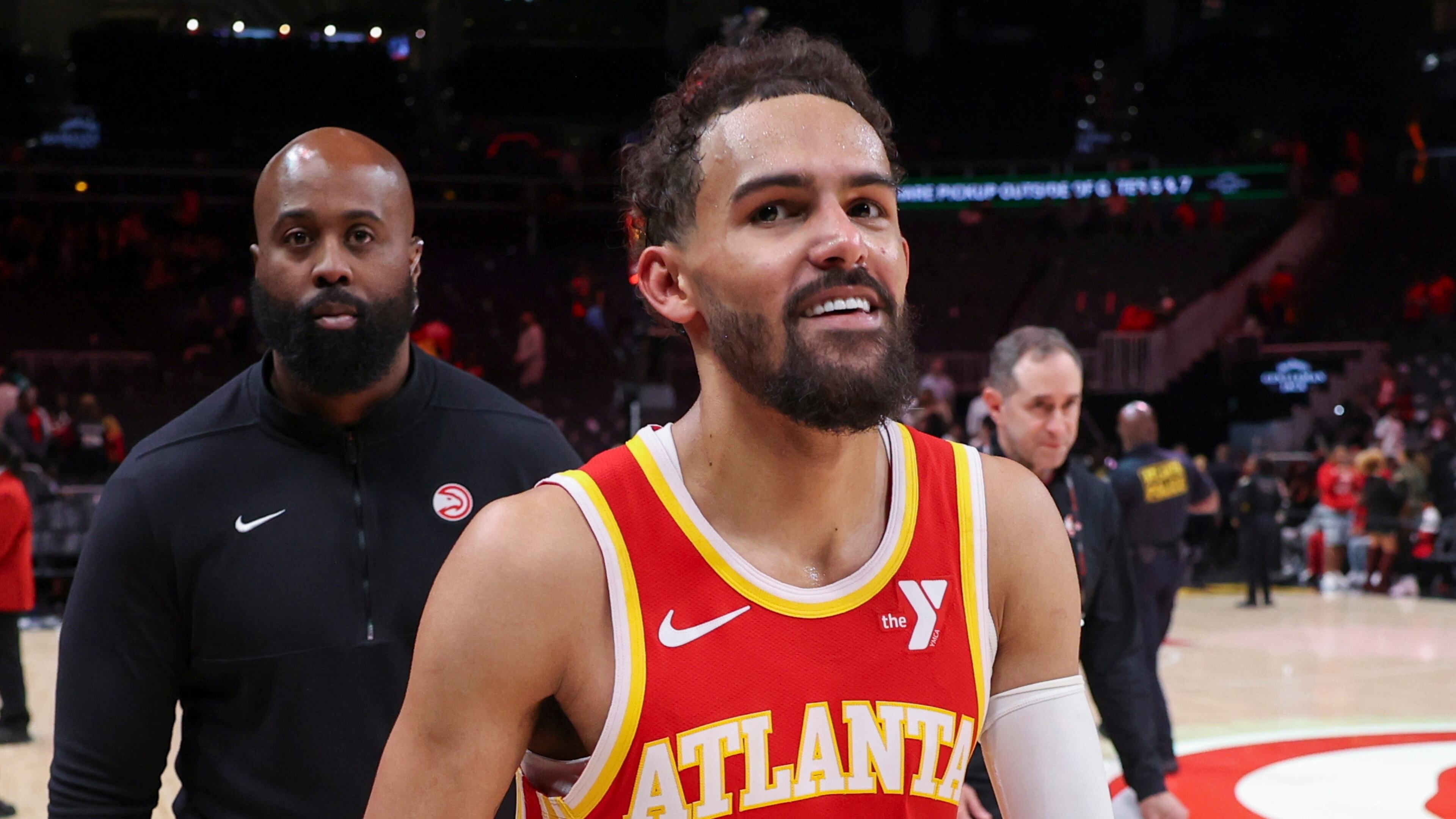 Atlanta Hawks guard Trae Young (11) walks off of the court after their 120-116 win against the Brooklyn Nets at State Farm Arena, Wednesday, Oct. 23, 2024, in Atlanta. (Jason Getz/The Atlanta Journal-Constitution/TNS)