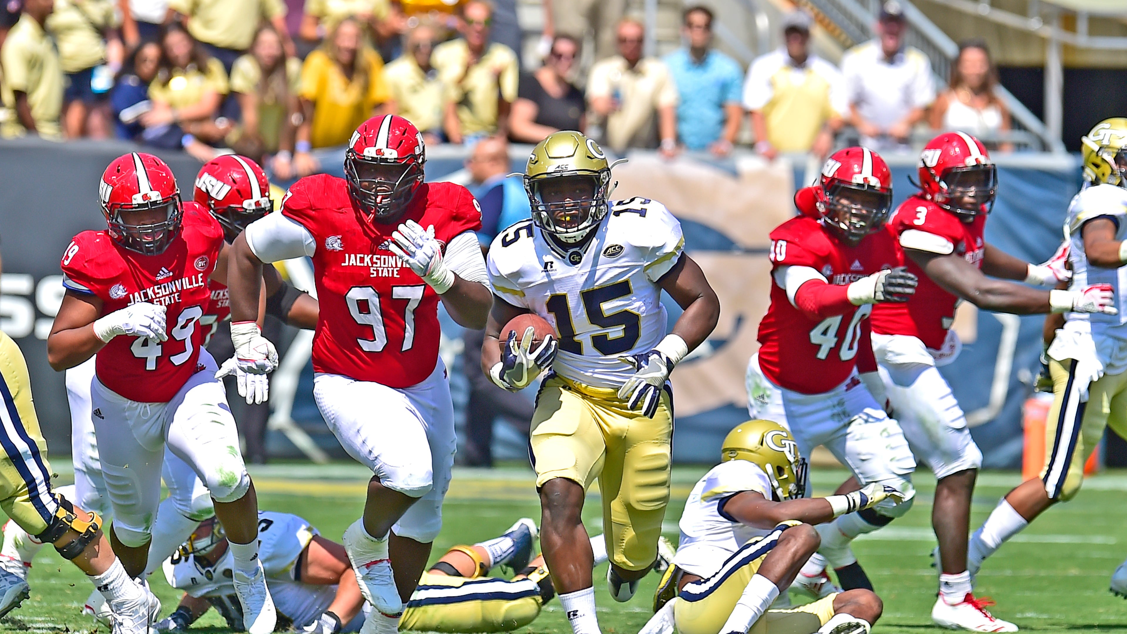ATLANTA, GA - SEPTEMBER 9: Jerry Howard #15 of the Georgia Tech Yellow Jackets breaks away for a 65 yard touchdown run against Jacksonville State Gamecocks on September 9, 2017 in Atlanta, Georgia. (Photo by Scott Cunningham/Getty Images)