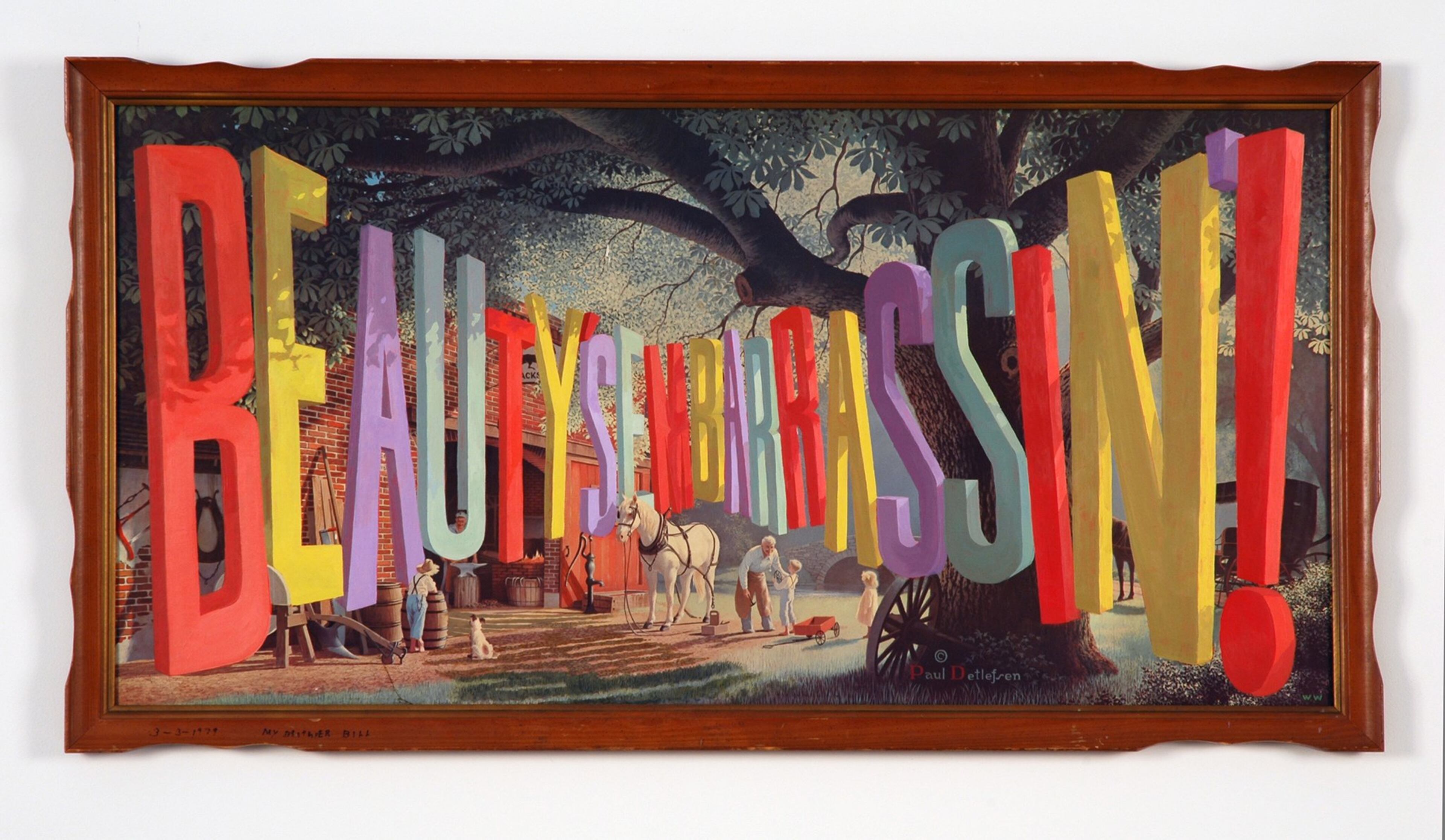 “Beauty is Embarassing” is one of Wayne White’s word paintings in which he paints glossy letters over thrift store paintings. CONTRIBUTED BY GREG SALMERI