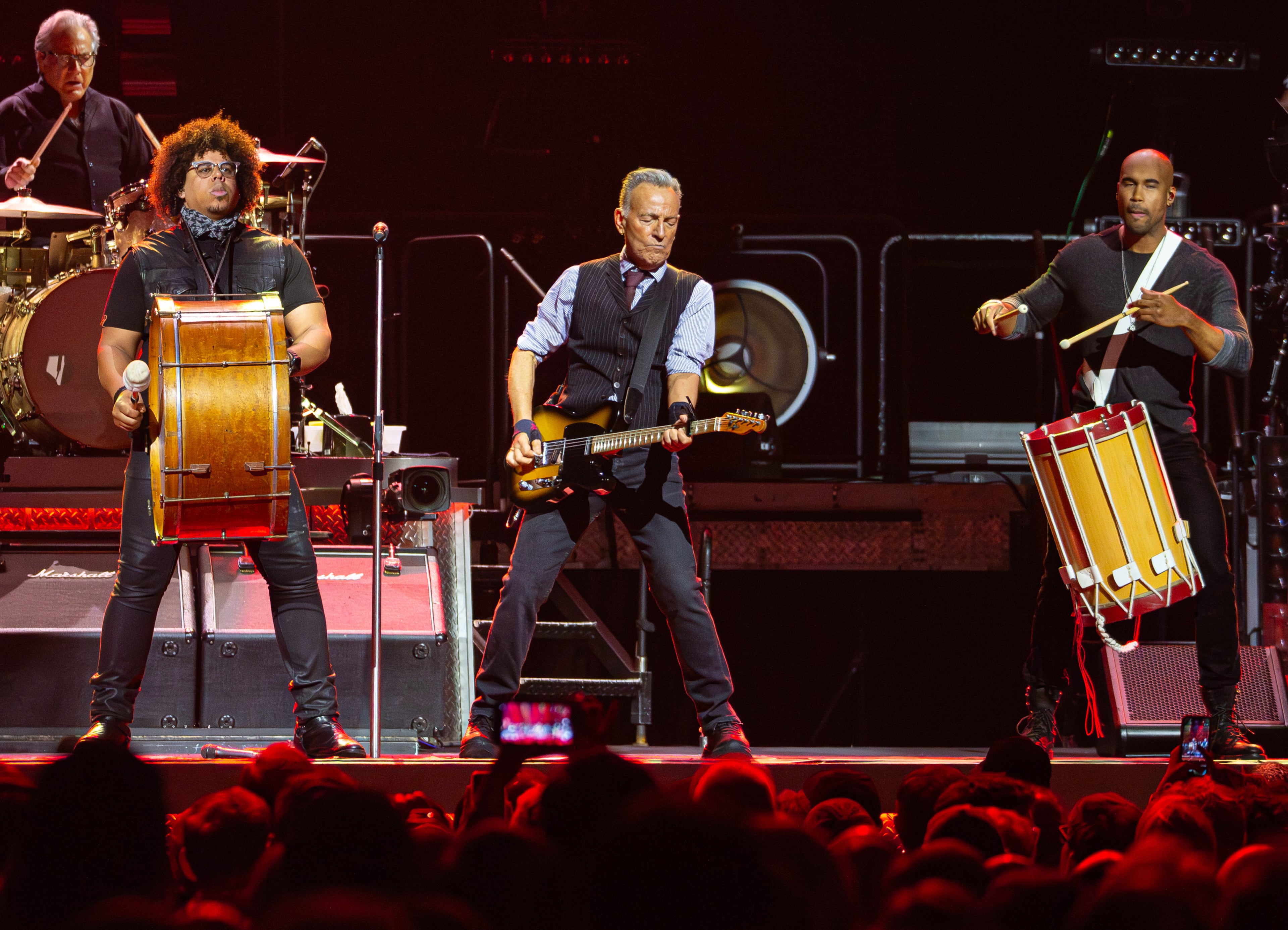 Bruce Springsteen (ceNter) and the E Street Band play for a sold-out crowd Saturday, May 2, 2026, at State Farm Arena in Atlanta. (Ryan Fleisher at the AJC)