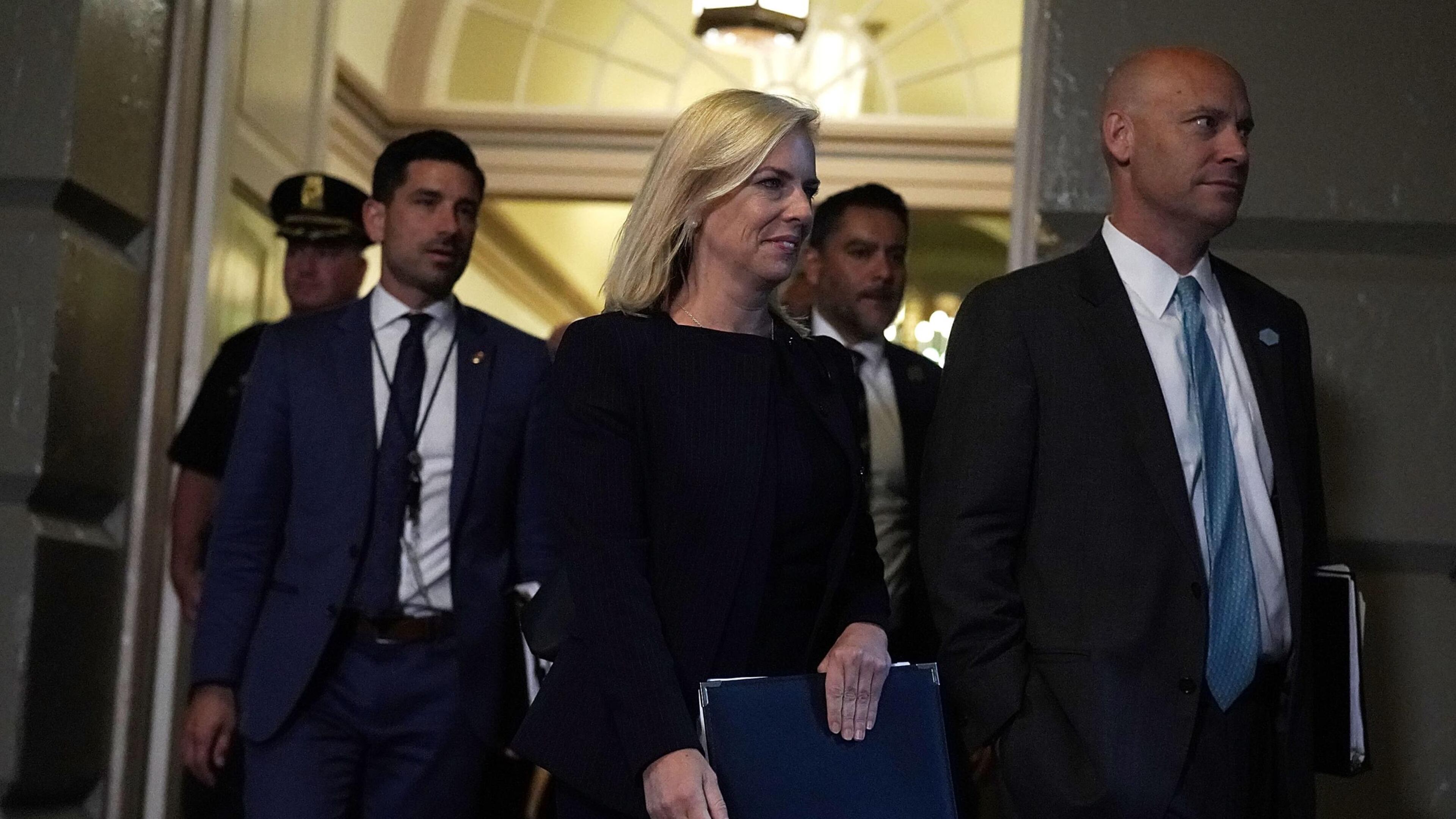 U.S. Secretary of Homeland Security Kirstjen Nielsen (3rd R) and White House Director of Legislative Affairs Marc Short (R) arrive at a meeting between U.S. President Donald Trump and House Republicans at the U.S. Capitol June 19, 2018 in Washington, DC. Trump was on the Hill to discuss immigration with House Republicans. (Photo by Alex Wong/Getty Images)