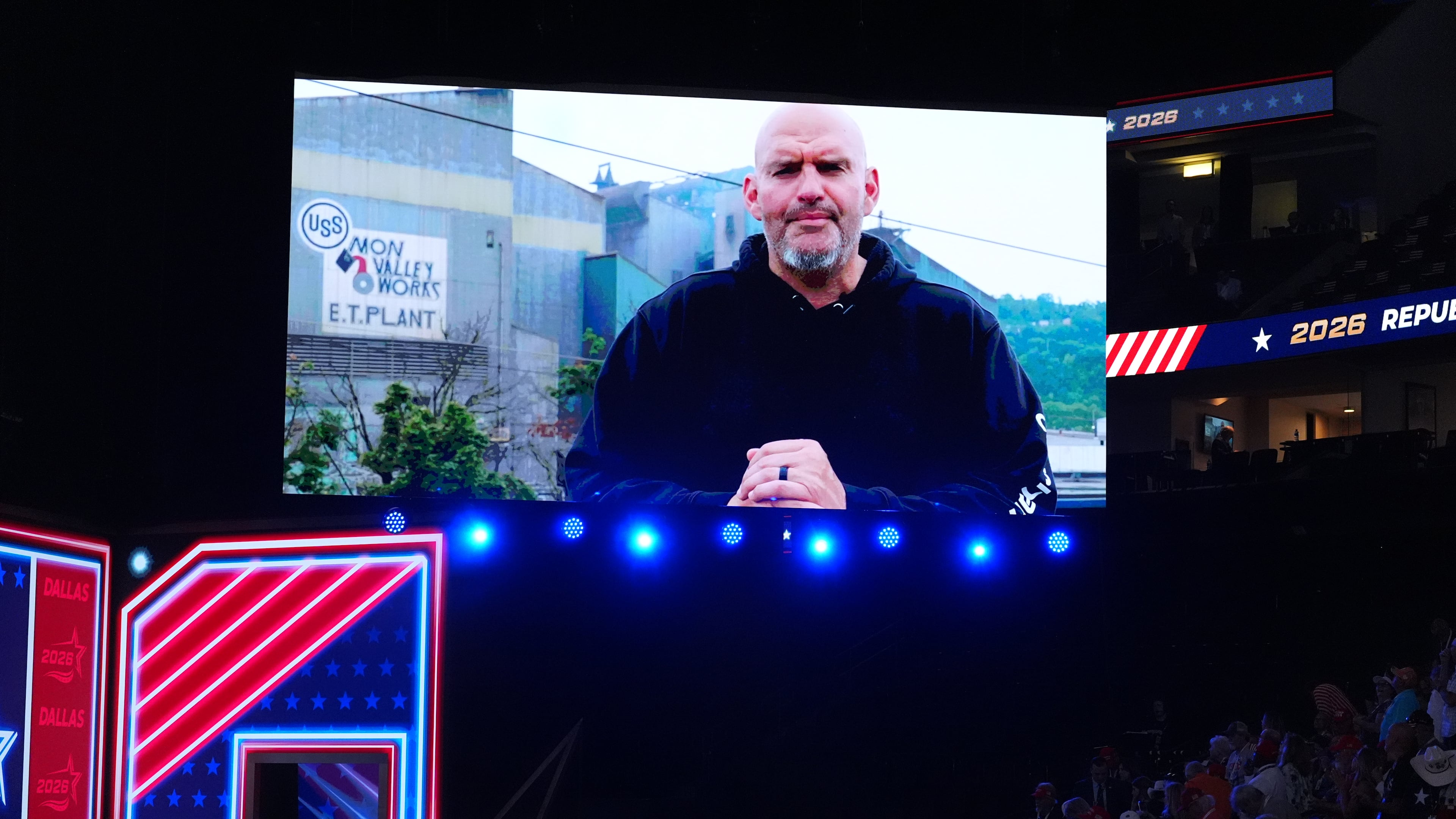 A video featuring Sen. John Fetterman, D-Pa., plays at the Republican convention Wednesday, Sept. 9, 2026, in Dallas. (AP Photo/Alex Brandon)