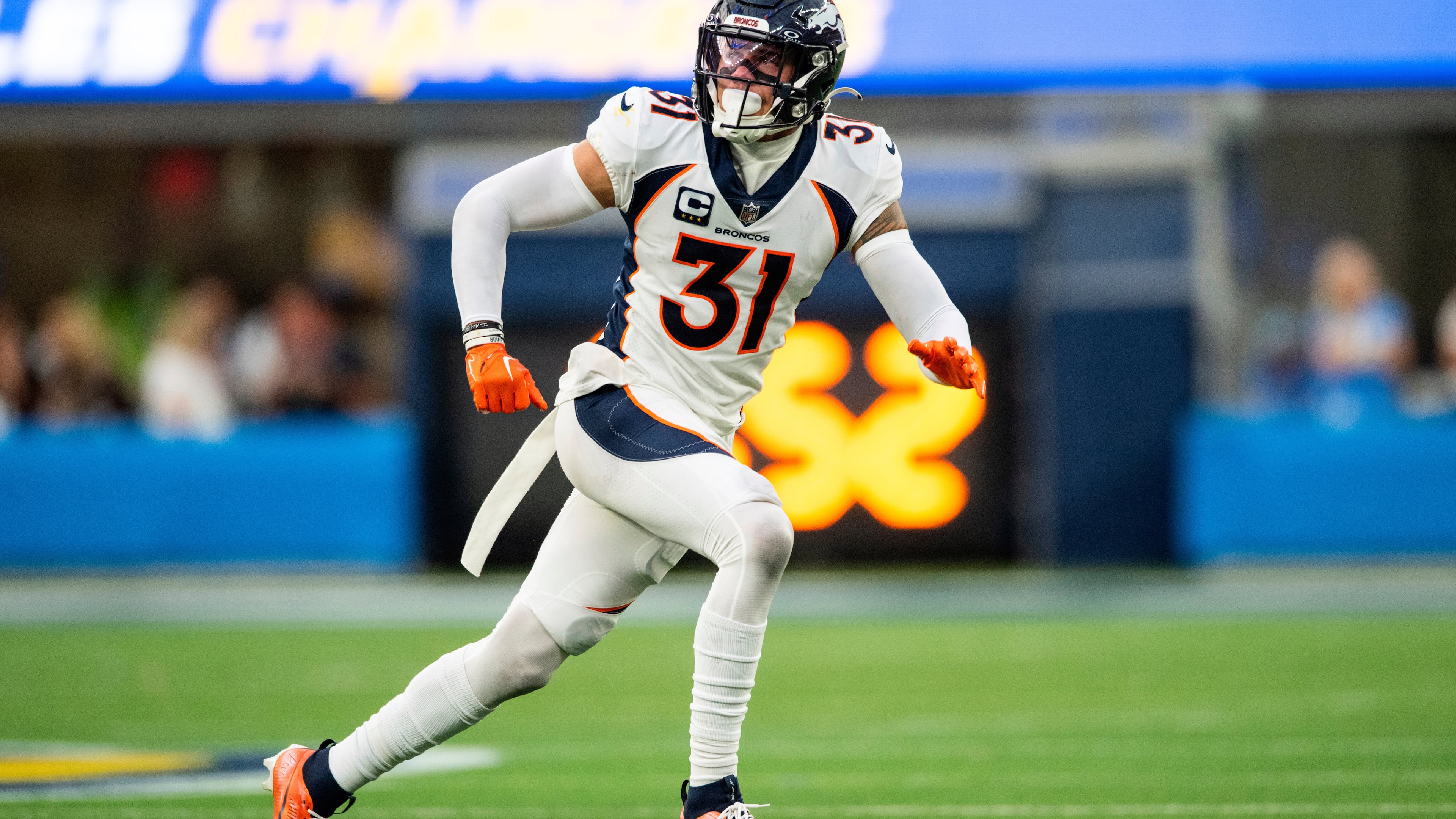 FILE - Denver Broncos safety Justin Simmons (31) runs during an NFL football game against the Los Angeles Chargers, Sunday, Dec. 10, 2023, in Inglewood, Calif. (AP Photo/Kyusung Gong, File)