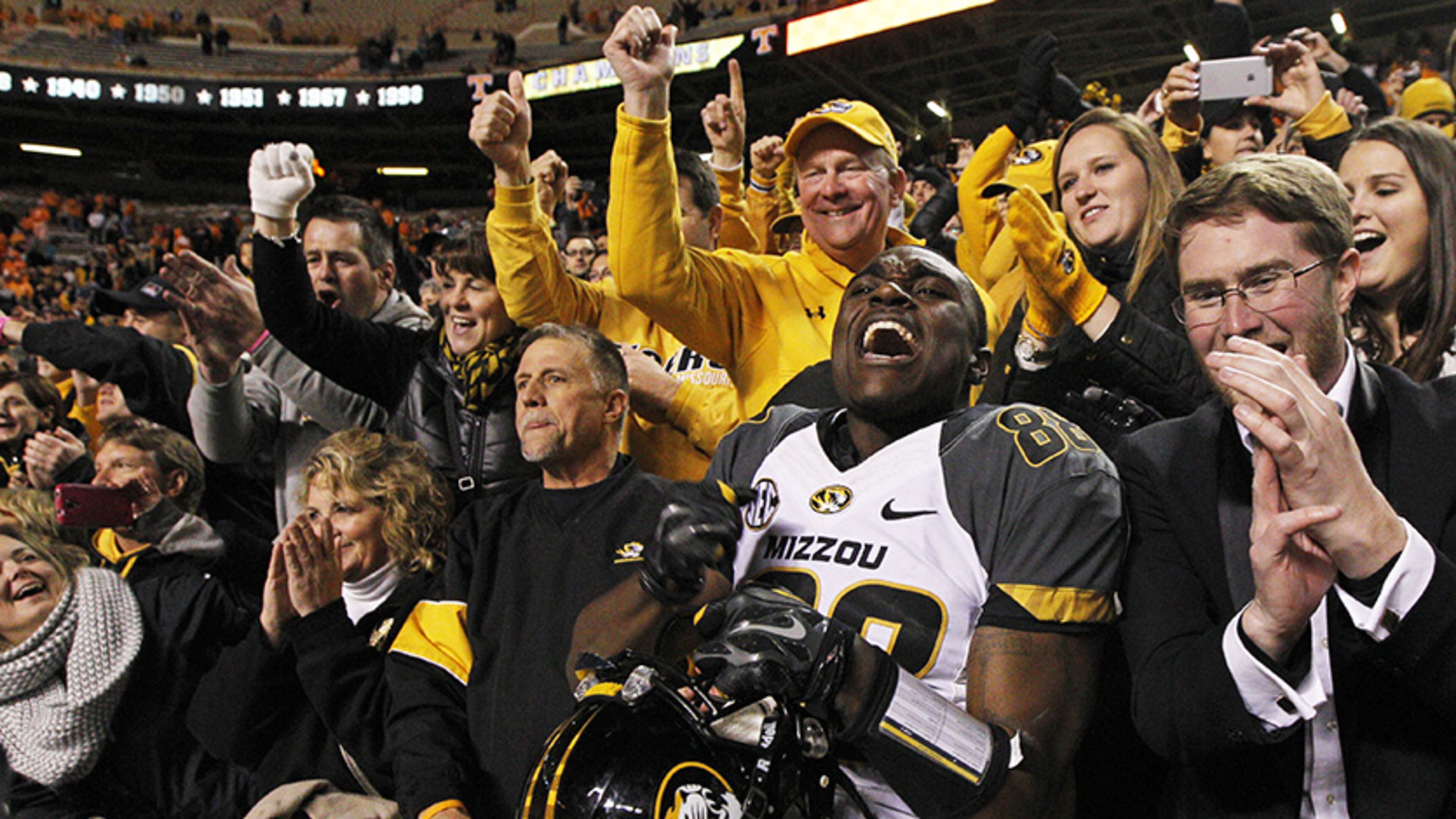 Missouri wide receiver Jimmie Hunt (88) celebrates with fans after an NCAA college football game against Tennessee on Saturday, Nov. 22, 2014, in Knoxville, Tenn. Missouri won 29-21. (AP Photo/Wade Payne)
