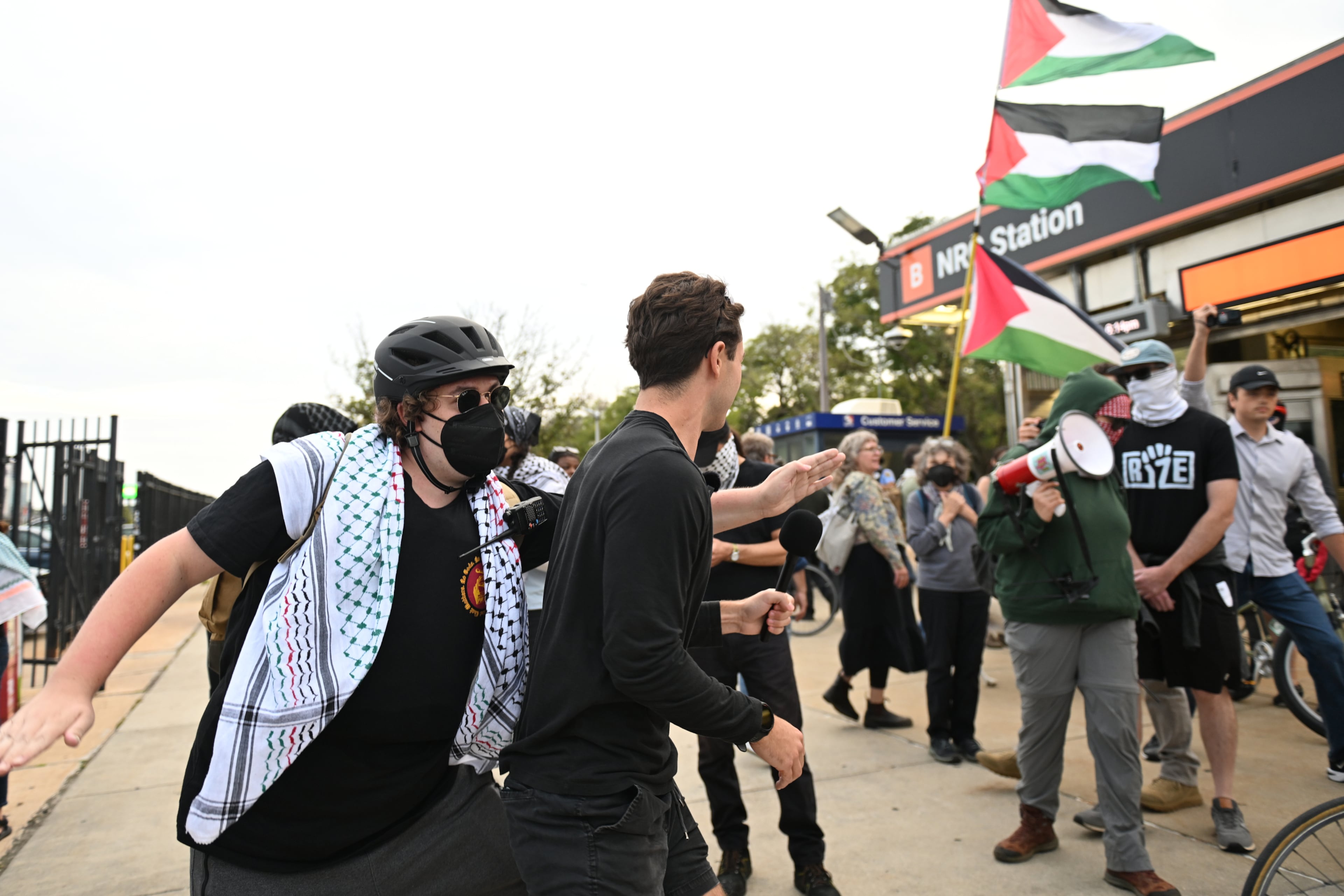 Pro Palestinian protesters (right) march past counter protesters during a protest before an Ed Sheeran concert in Philadelphia, Saturday, Sept. 19, 2026. (Allie Ippolito/AP)