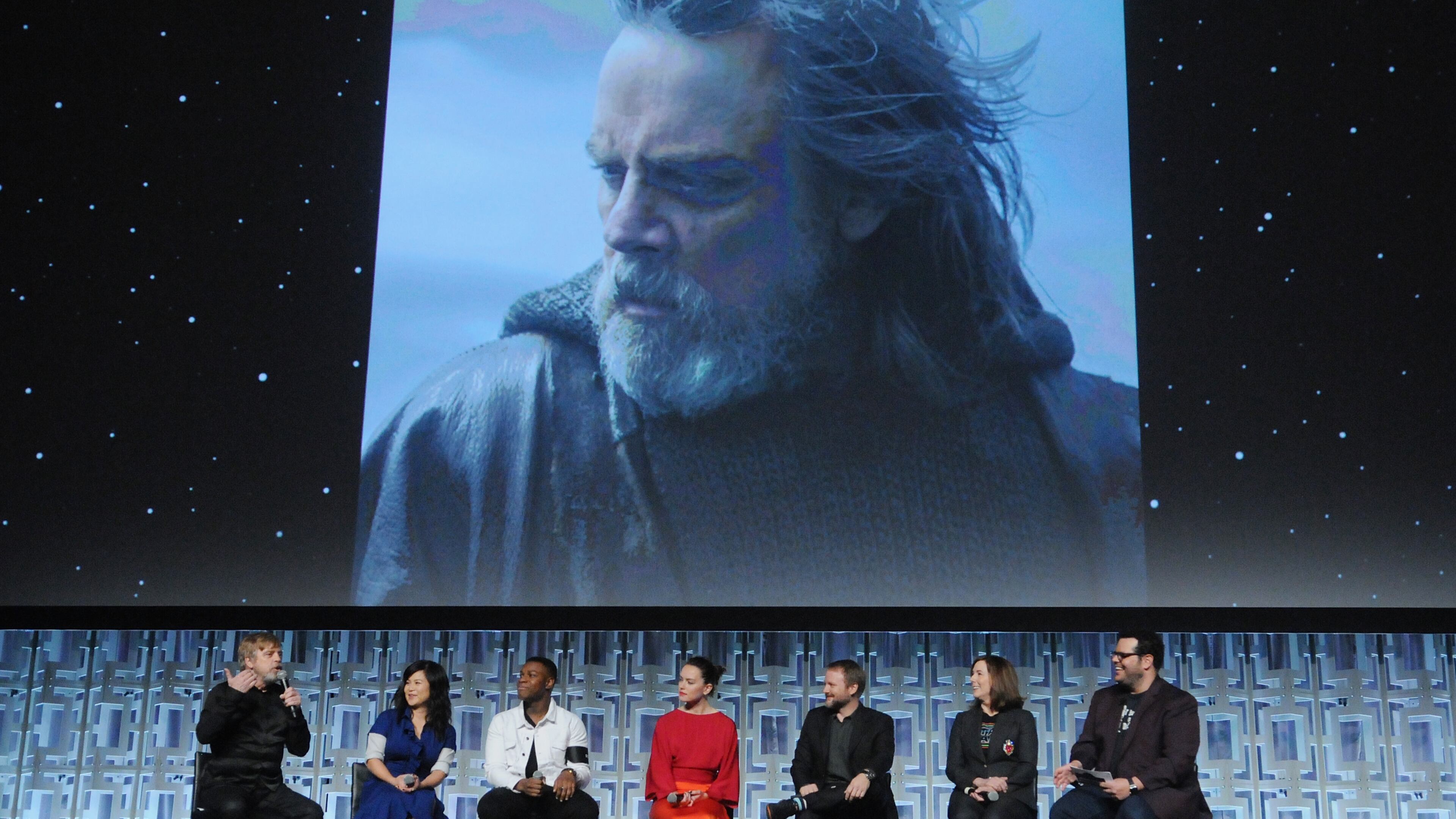 Mark Hamill, Kelly Marie Tran, John Boyega, Daisy Ridley, Rian Johnson, Kathleen Kennedy and Josh Gad attend the Star Wars: The Last Jedi panel during the 2017 Star Wars Celebration at Orange County Convention Center on April 14, 2017 in Orlando, Florida. (Photo by Gerardo Mora/Getty Images for Disney)
